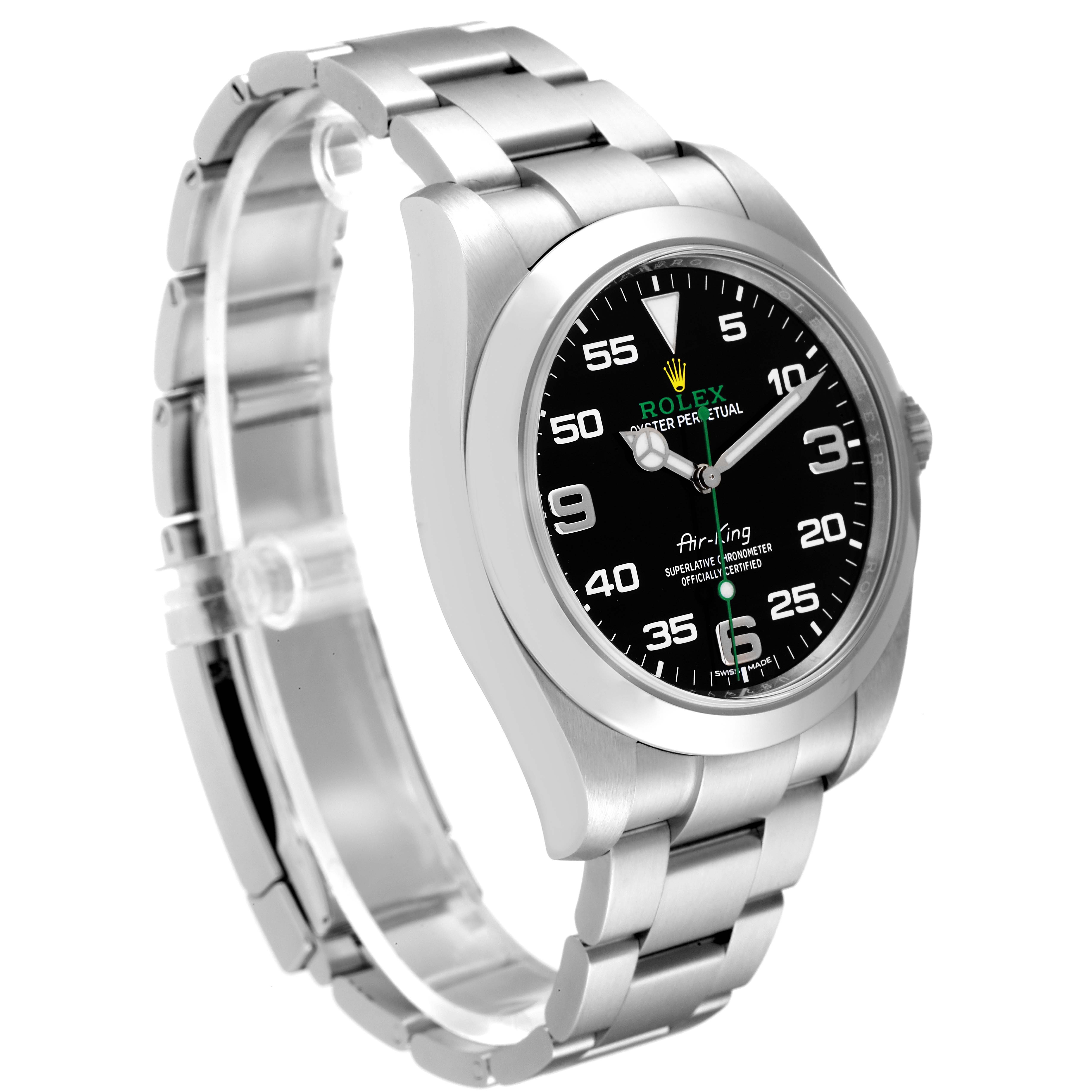 This image shows a Rolex Air-King 116900 Men's Stainless Steel Black Dial 116900 Men's Stainless Steel Black Dial watch angled to display its face and the full length of the metal bracelet.