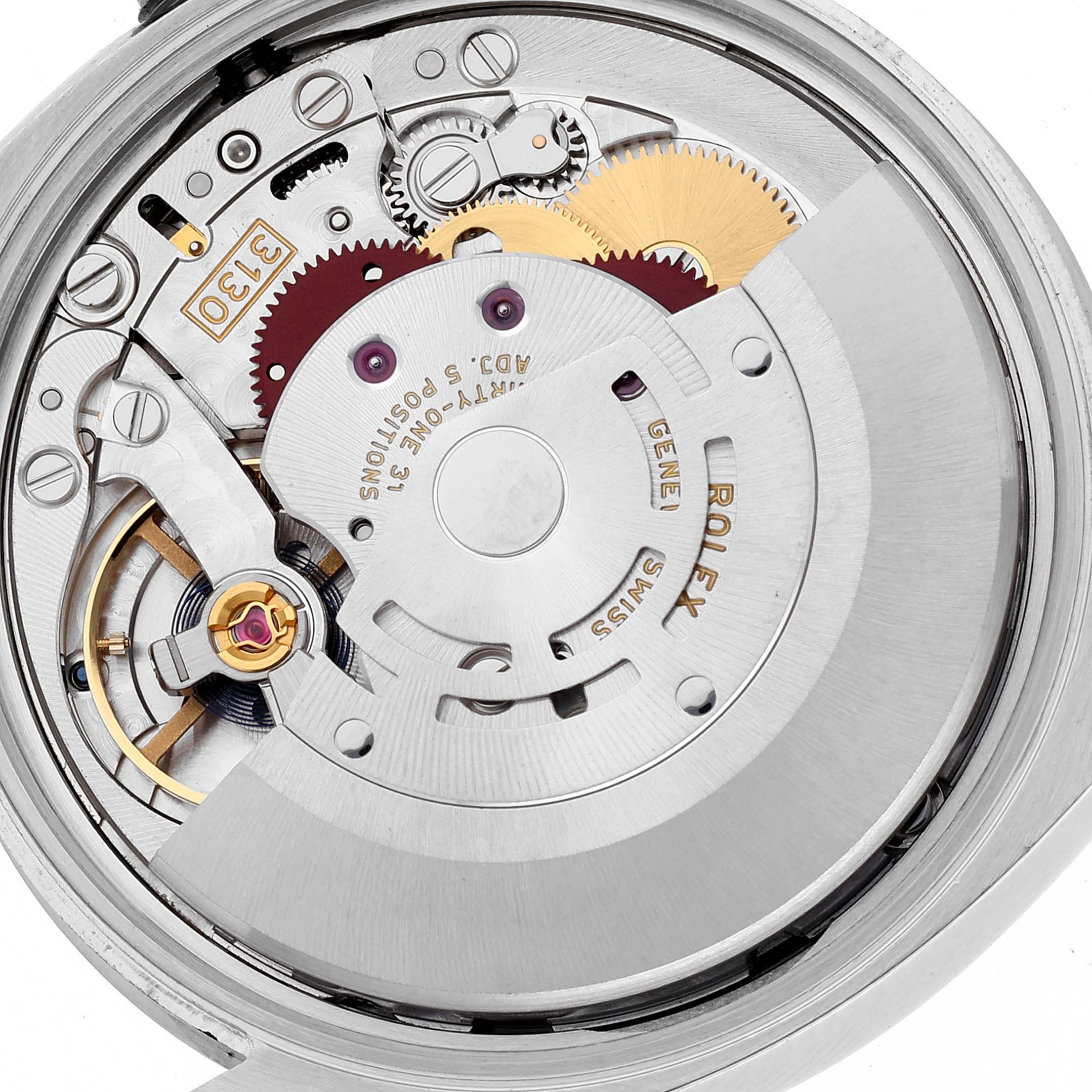 The image shows the inner movement and mechanism of a Rolex Oyster Perpetual 114200 Men's Stainless Steel Silver Dial watch from a top-down angle.