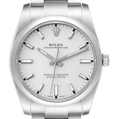 The Rolex Oyster Perpetual 114200 Men's Stainless Steel Silver Dial watch is shown from the front, highlighting its dial, bezel, and crown.