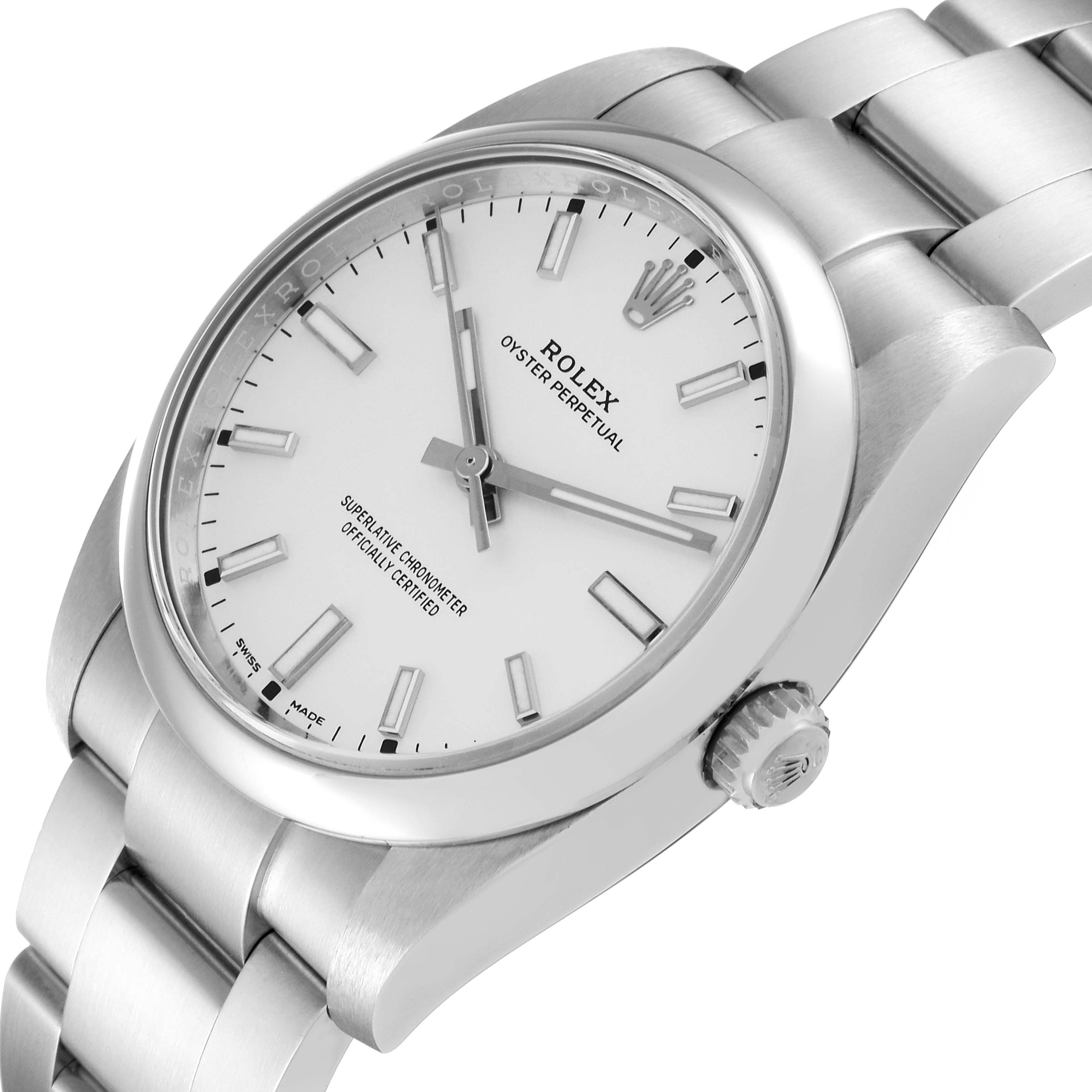 The Rolex Oyster Perpetual 114200 Men's Stainless Steel Silver Dial watch is shown at a tilted angle, highlighting its face, crown, and bracelet.