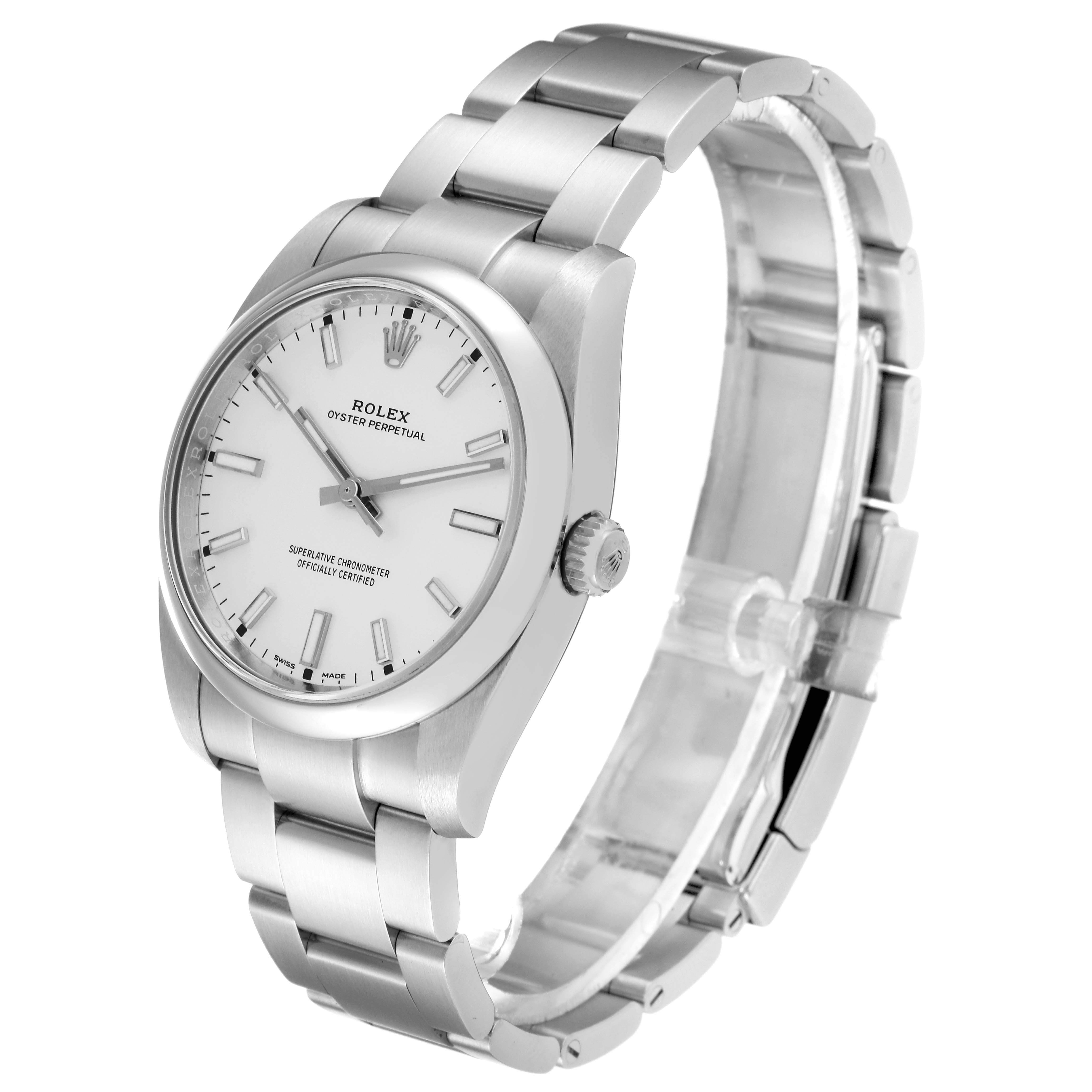 The Rolex Oyster Perpetual 114200 Men's Stainless Steel Silver Dial watch is shown at a three-quarter angle, highlighting the dial, case, and bracelet.
