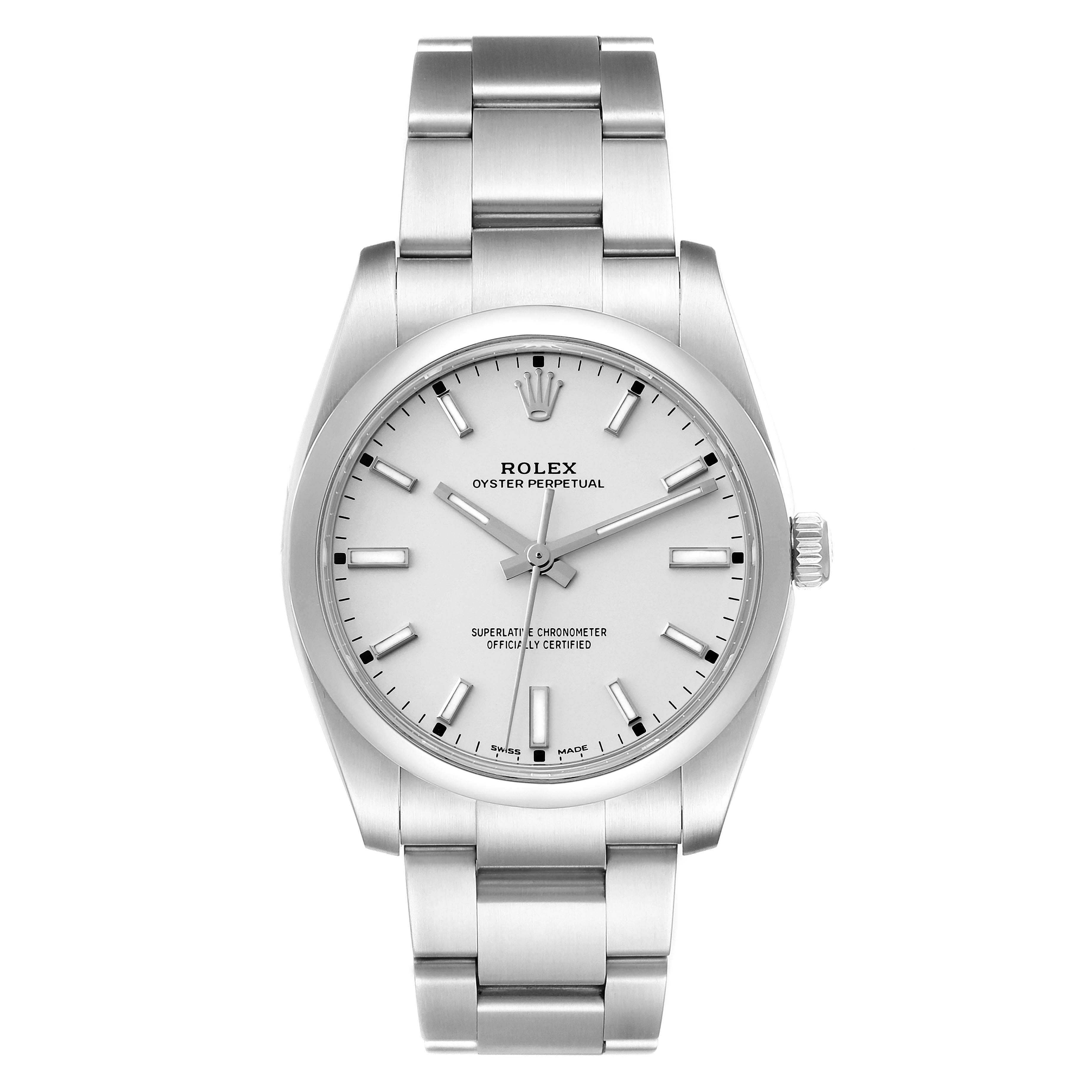 The Rolex Oyster Perpetual 114200 Men's Stainless Steel Silver Dial watch is shown from a front angle, displaying the face, bracelet, and crown.