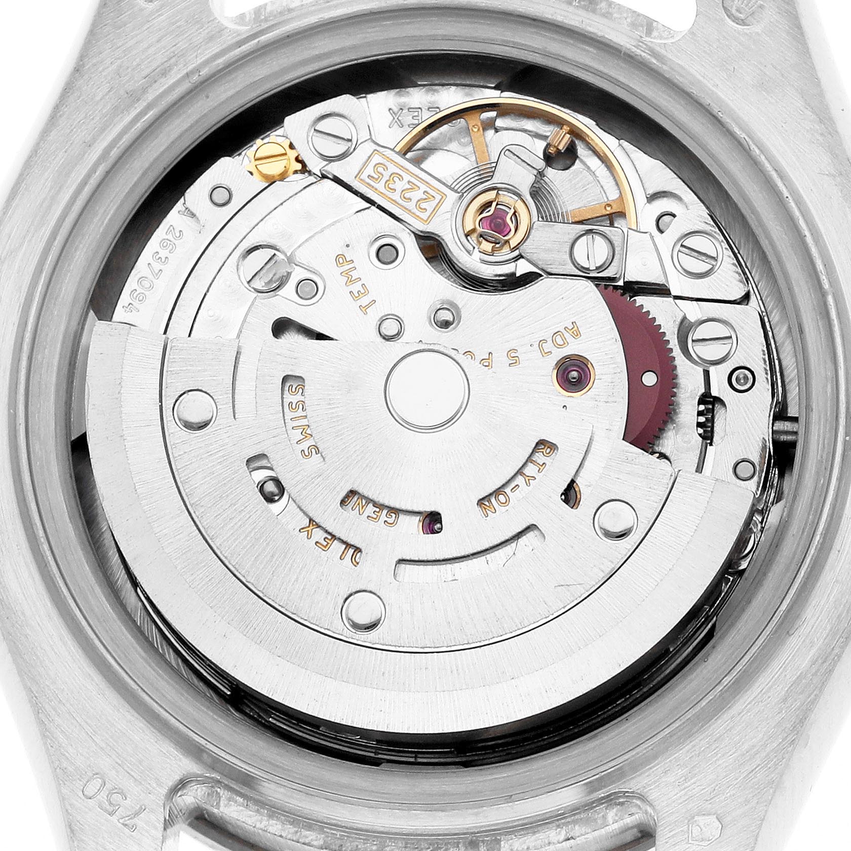 This image shows the movement and internal parts of a Rolex Pearlmaster 80299 Women
s White Gold Silver Dial 80299 Women
s White Gold Silver Dial watch taken from a back view angle.