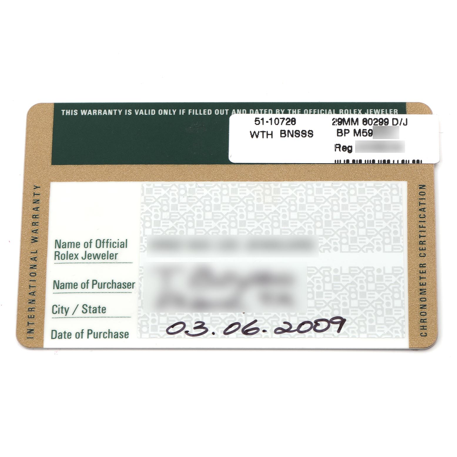 The image shows the warranty card for a Rolex Pearlmaster 80299 Women
s White Gold Silver Dial 80299 Women
s White Gold Silver Dial, highlighting its serial number and purchase details.