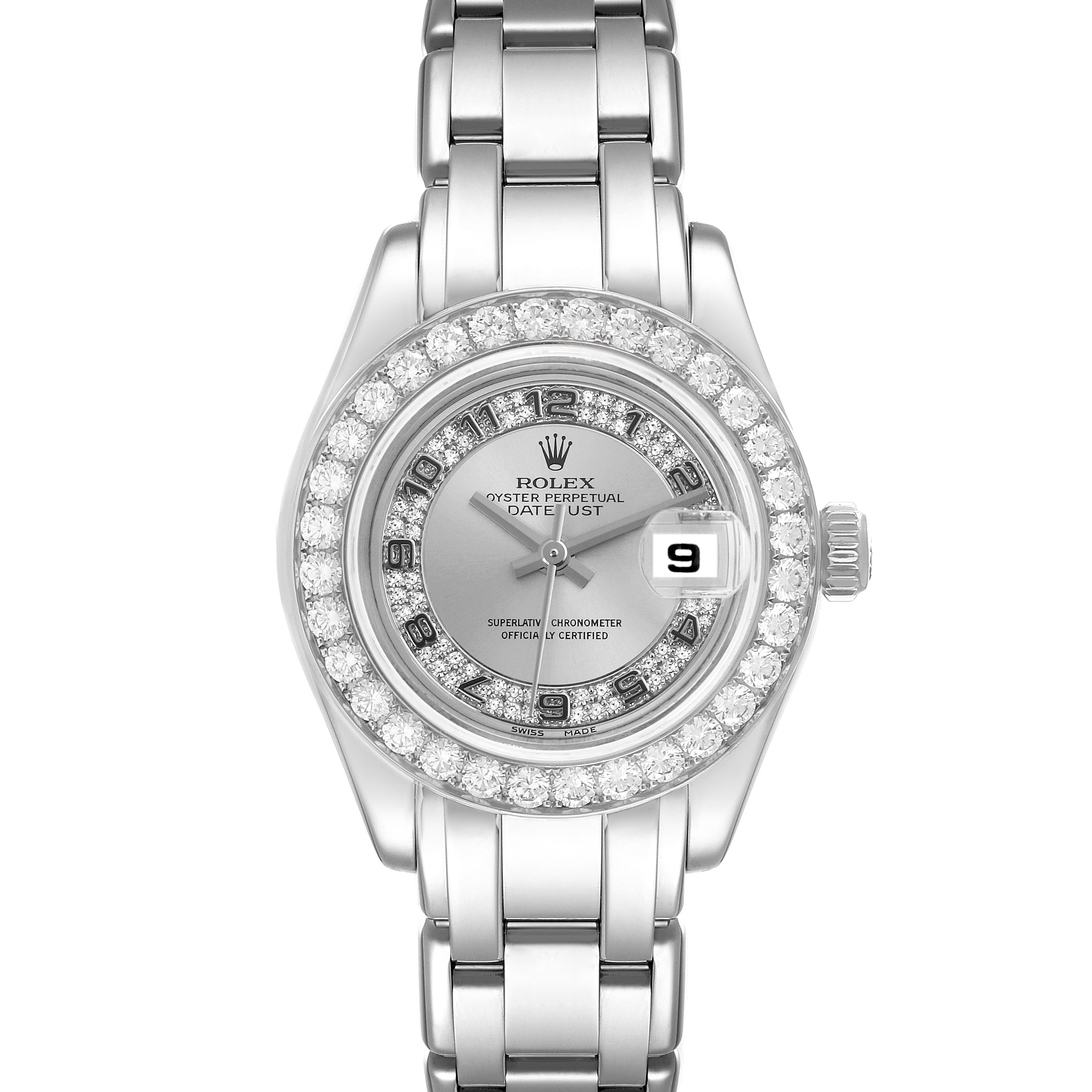The Rolex Pearlmaster 80299 Women
s White Gold Silver Dial 80299 Women
s White Gold Silver Dial watch is shown from the front, highlighting the bezel, dial, hands, date window, and band.