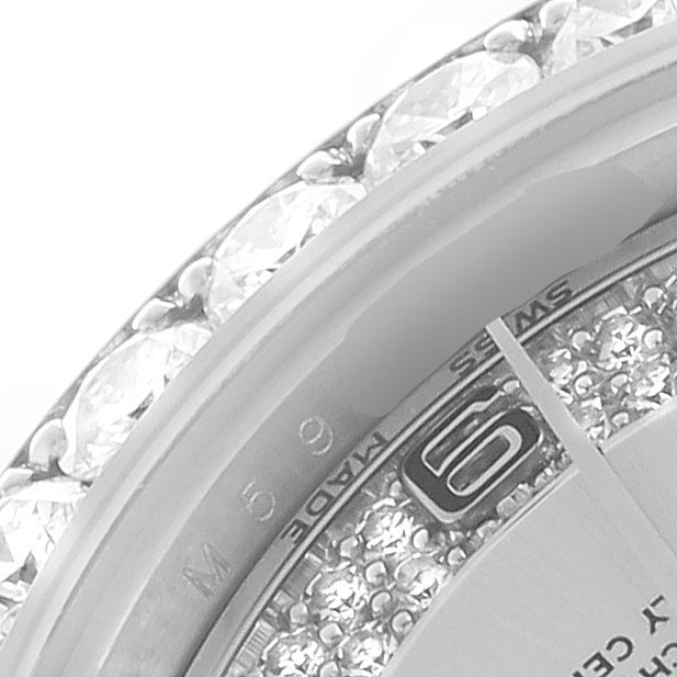The image shows a close-up of the Rolex Pearlmaster 80299 Women
s White Gold Silver Dial 80299 Women
s White Gold Silver Dial
s diamond-studded bezel and part of the dial with "59" visible.