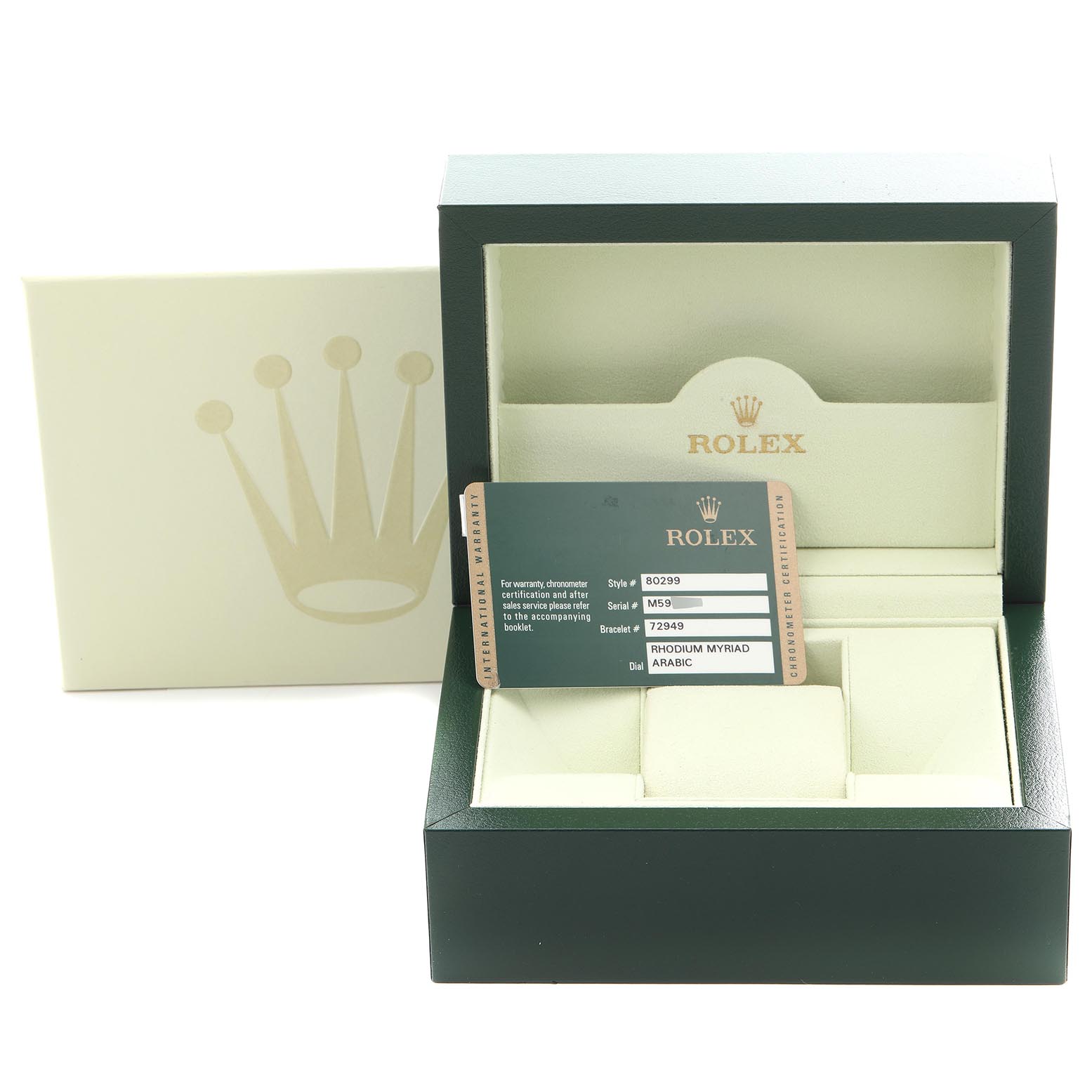 The image shows a Rolex Pearlmaster 80299 Women
s White Gold Silver Dial 80299 Women
s White Gold Silver Dial watch box and warranty card, viewed from the front with the box lid open.