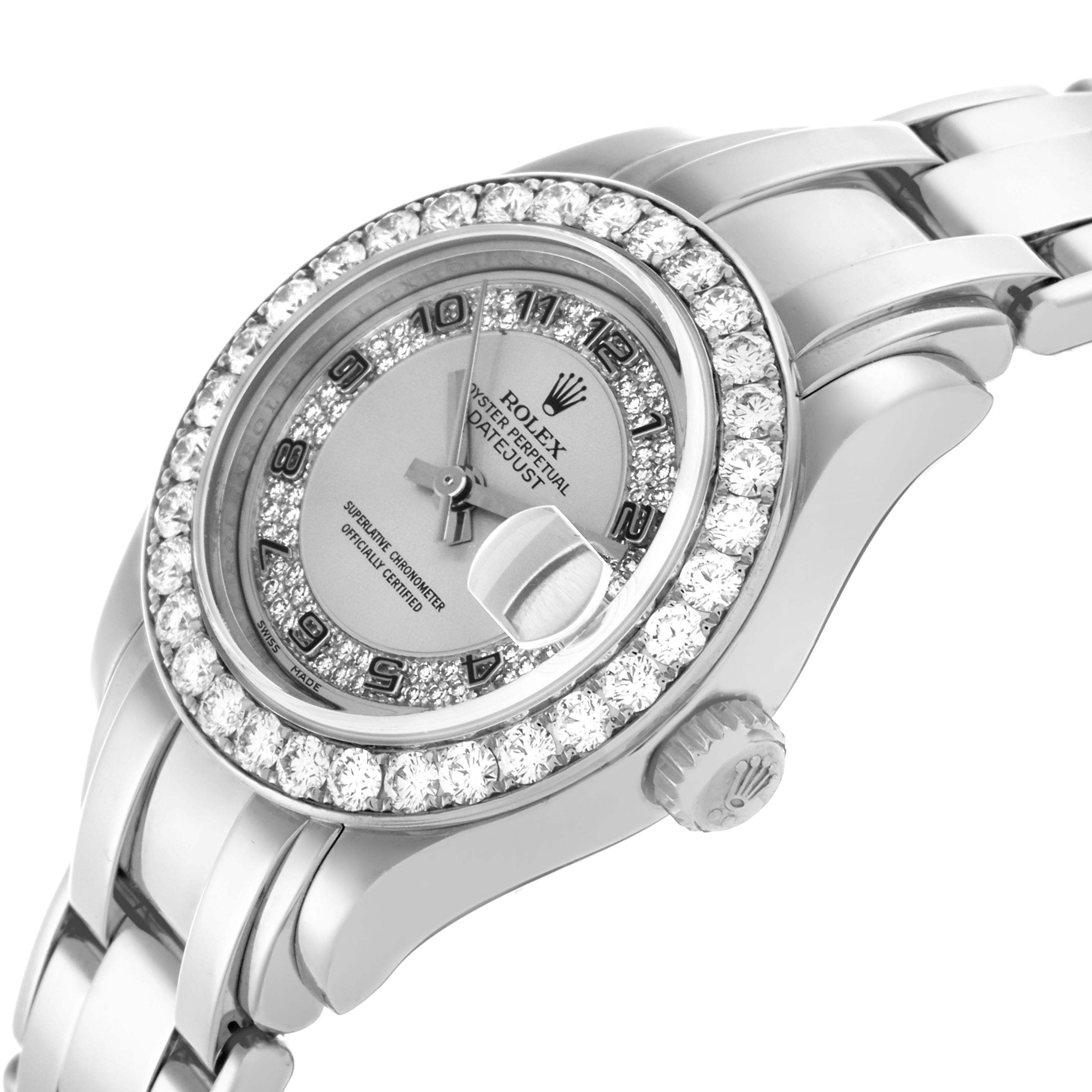 The image shows a Rolex Pearlmaster 80299 Women
s White Gold Silver Dial 80299 Women
s White Gold Silver Dial watch angled from the front-left, displaying the bezel, dial, and part of the bracelet.