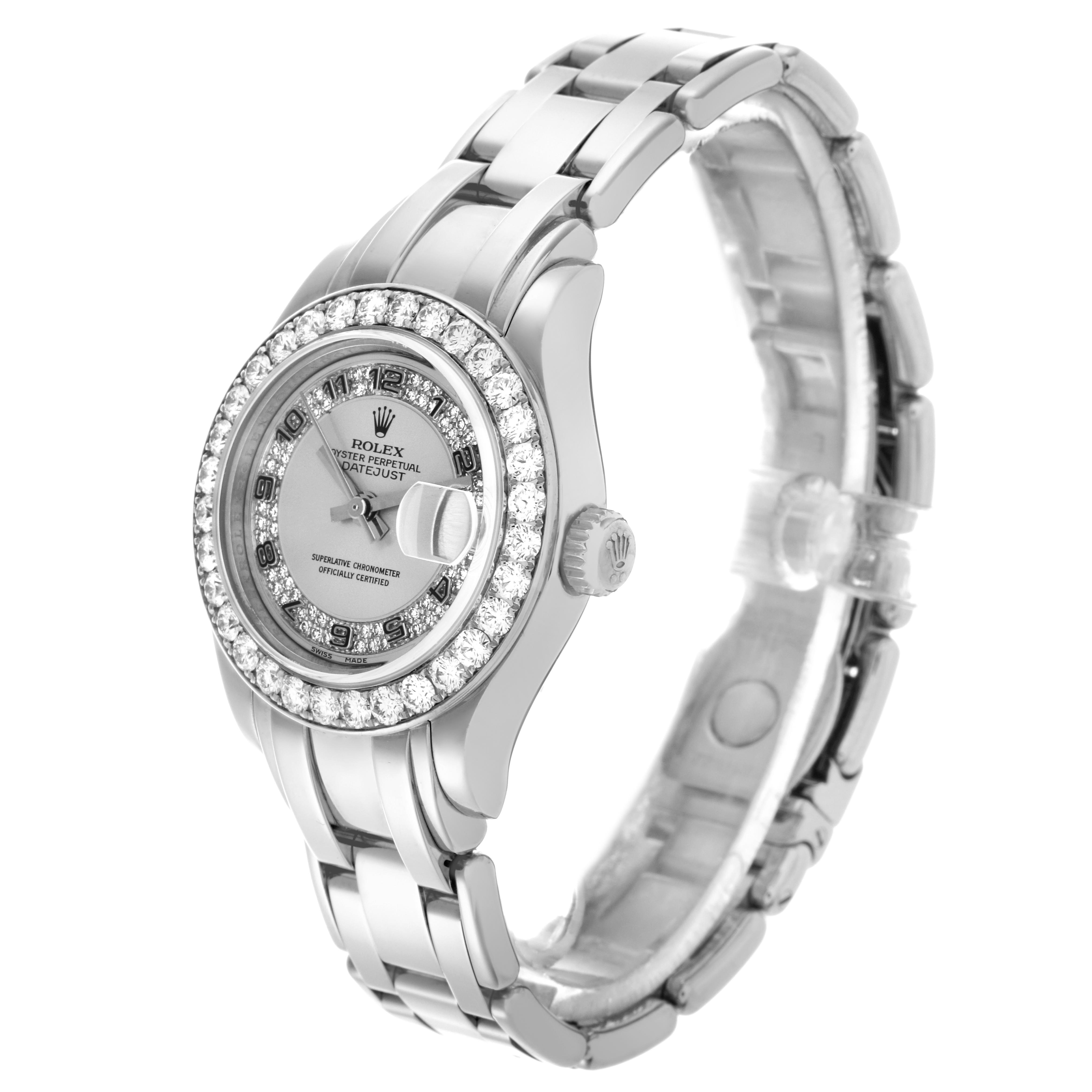 The image shows a Rolex Pearlmaster 80299 Women
s White Gold Silver Dial 80299 Women
s White Gold Silver Dial watch at a side angle, highlighting the face, bezel, crown, and bracelet.