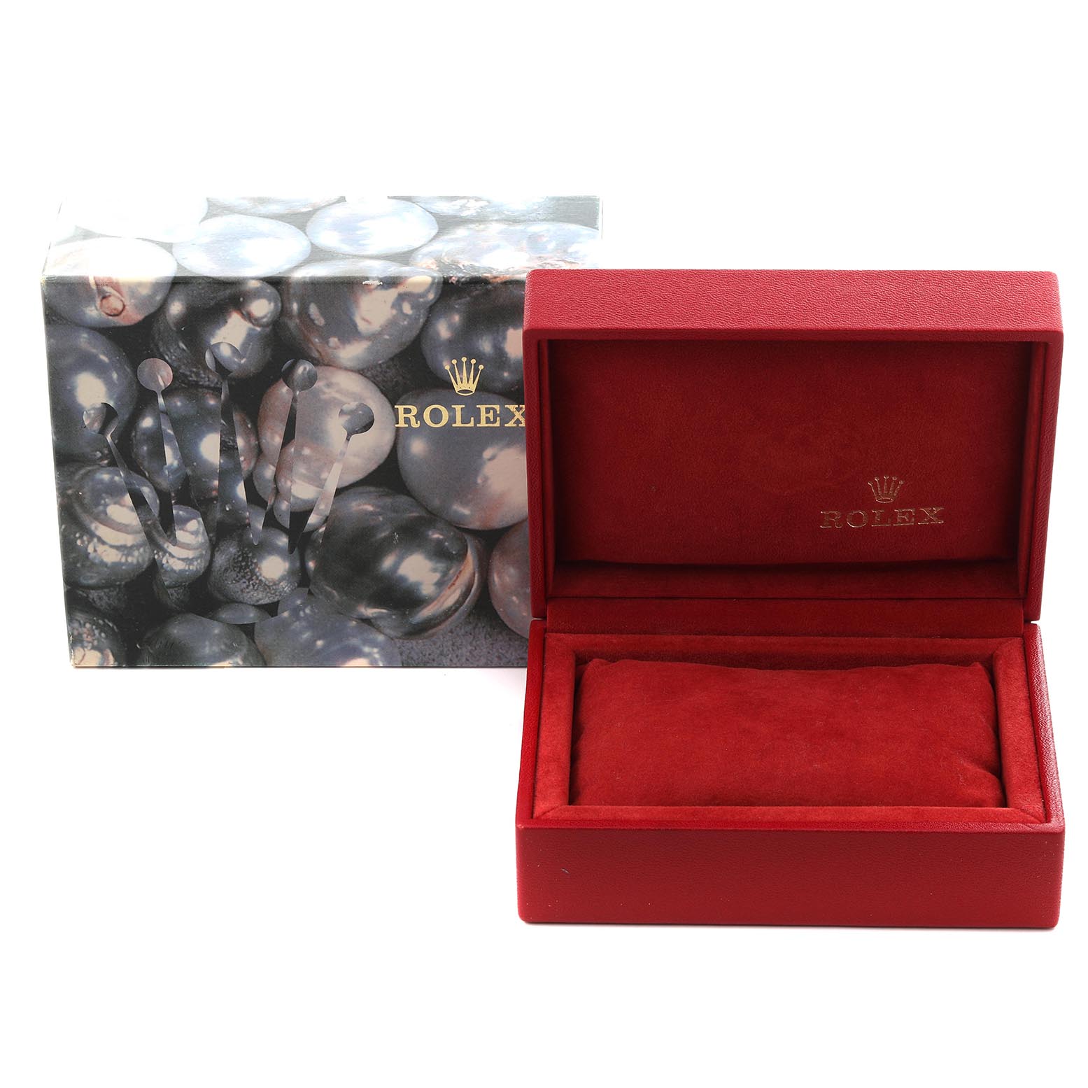 The image shows a Rolex President 69178 Women
s Yellow Gold Black Dial 69178 Women
s Yellow Gold Black Dial model
s box and packaging, with an open red velvet interior and decorative outer box.