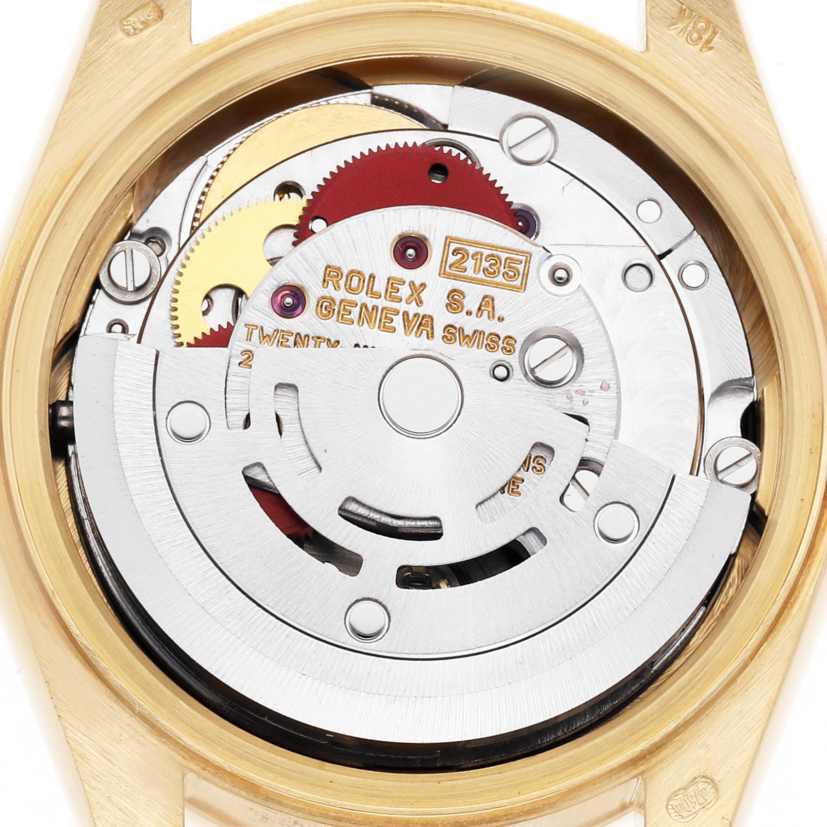 The image shows the internal mechanism of the Rolex President 69178 Women
s Yellow Gold Black Dial 69178 Women
s Yellow Gold Black Dial model, viewed from the back, highlighting its intricate movement parts.