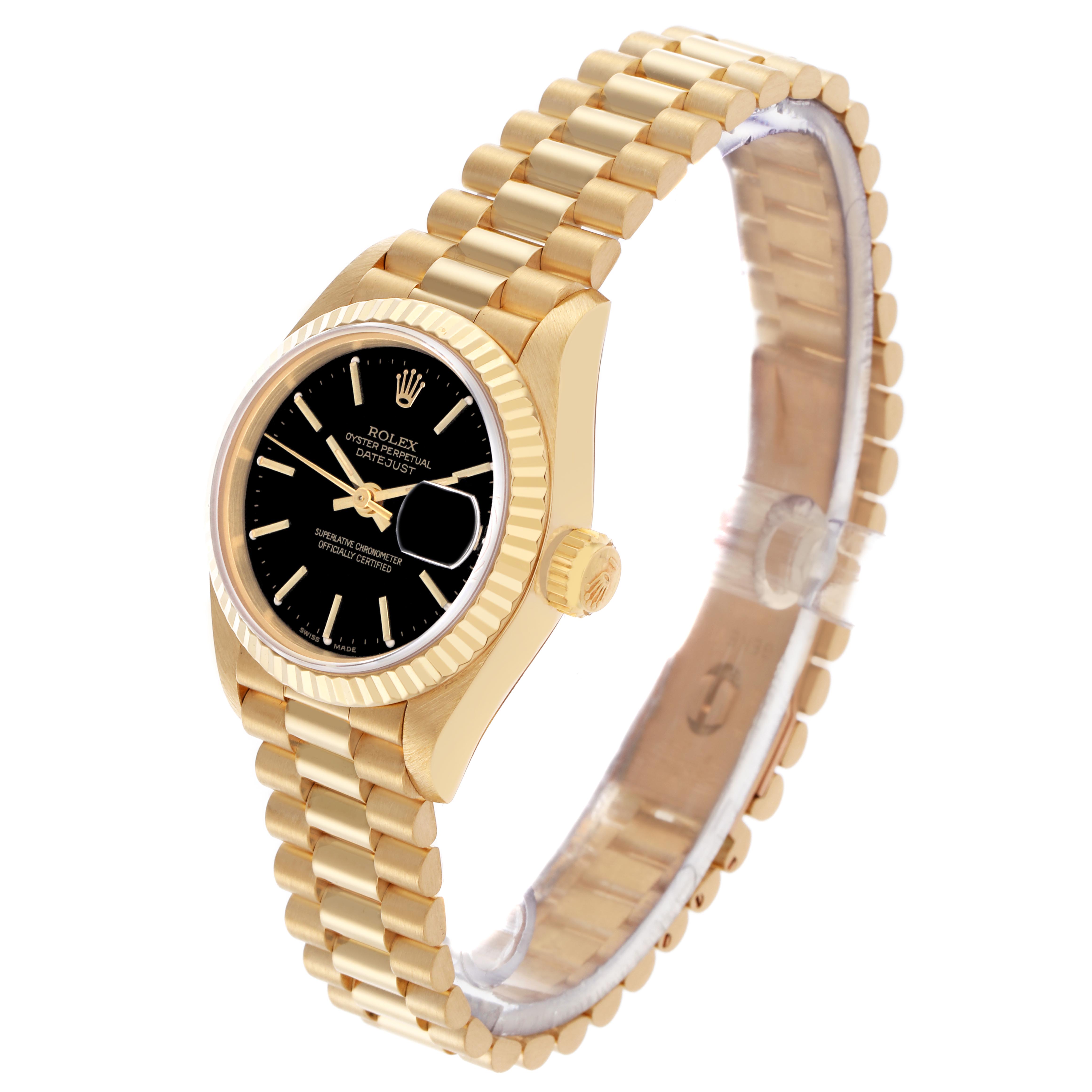 The Rolex President 69178 Women
s Yellow Gold Black Dial 69178 Women
s Yellow Gold Black Dial model is shown at a slight angle, highlighting the black dial, fluted bezel, and gold bracelet.