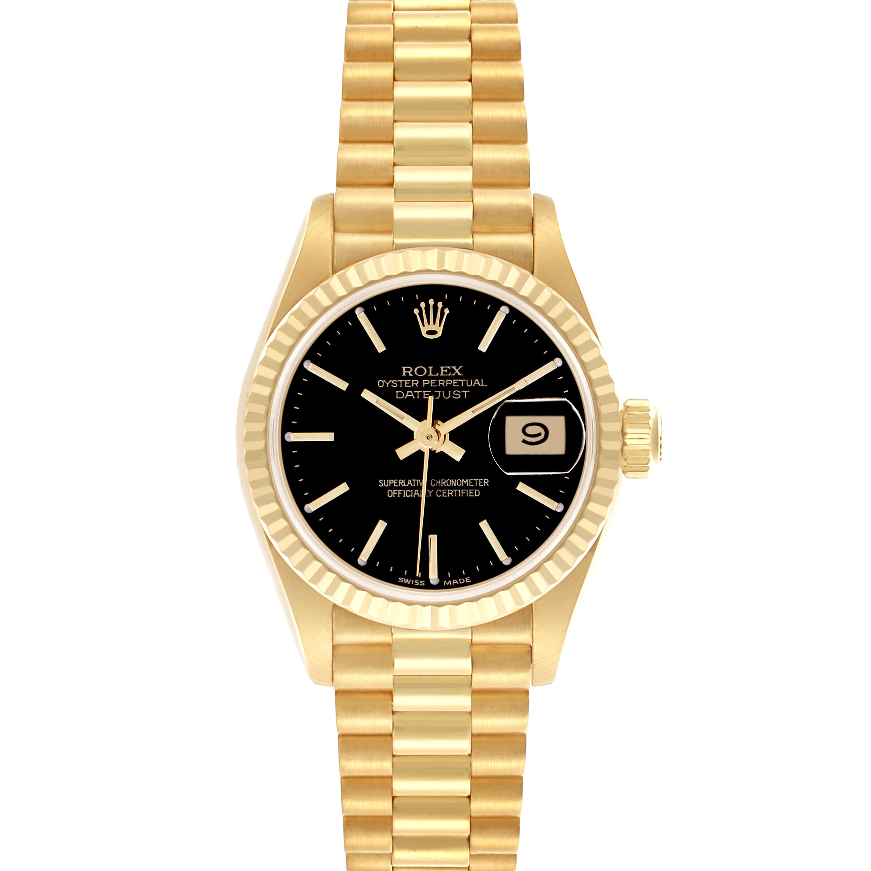The Rolex President 69178 Women
s Yellow Gold Black Dial 69178 Women
s Yellow Gold Black Dial model watch is shown from a top view, highlighting its gold bracelet, black dial, and date display.