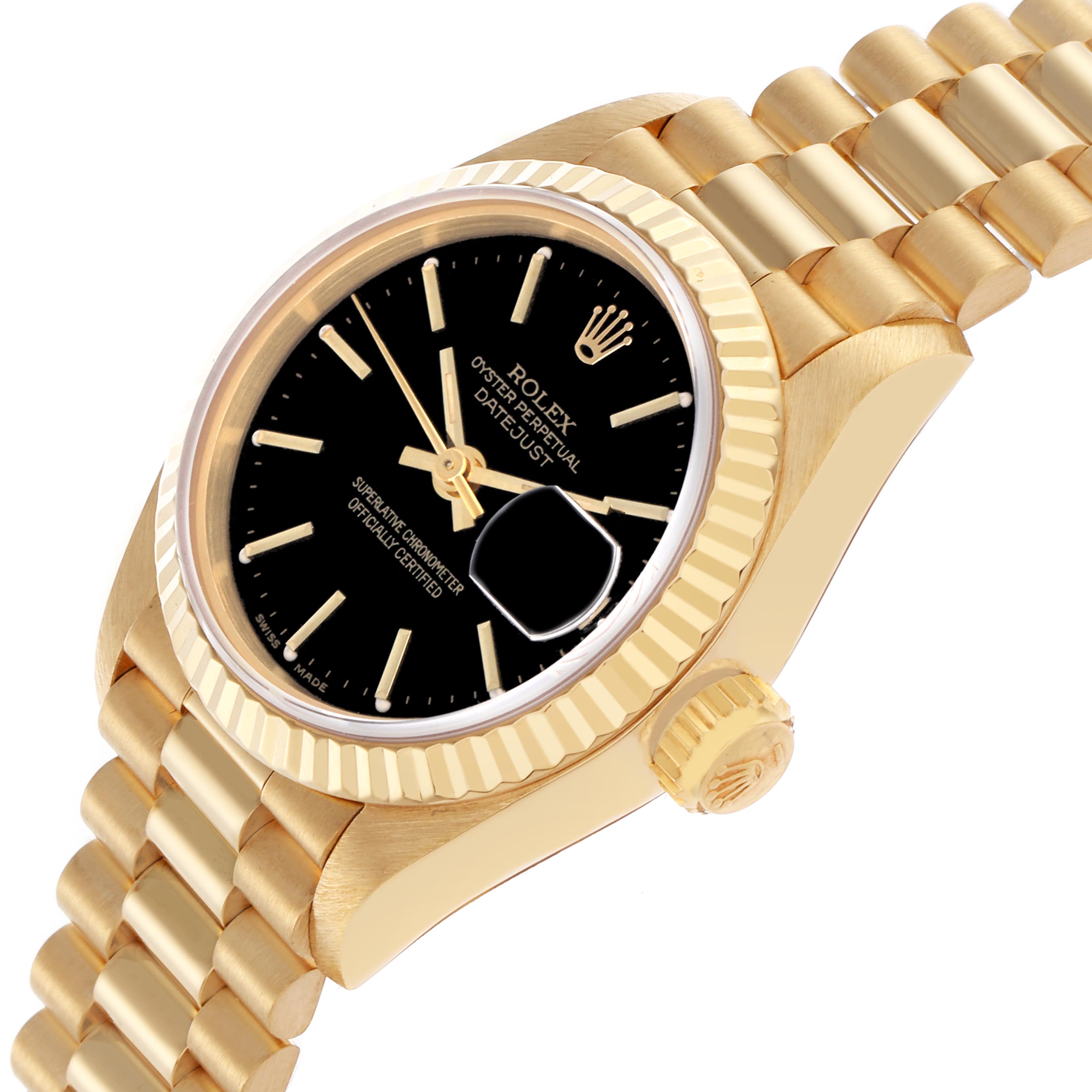 The image shows a Rolex President 69178 Women
s Yellow Gold Black Dial 69178 Women
s Yellow Gold Black Dial model watch at an angled side view, highlighting the black dial, bezel, crown, and bracelet.