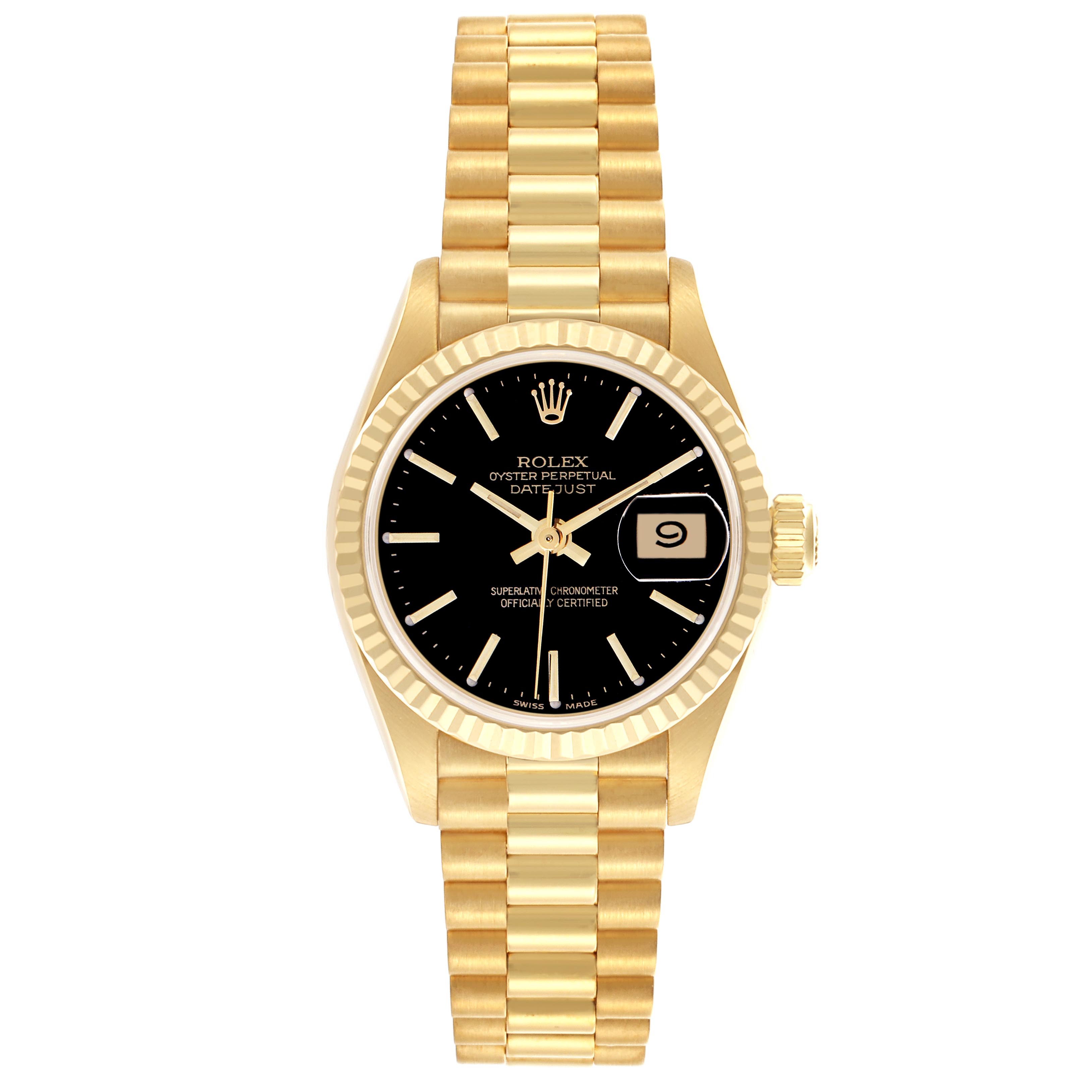 The Rolex President 69178 Women
s Yellow Gold Black Dial 69178 Women
s Yellow Gold Black Dial model is shown from the front, displaying its gold bracelet, black dial, fluted bezel, and date window.