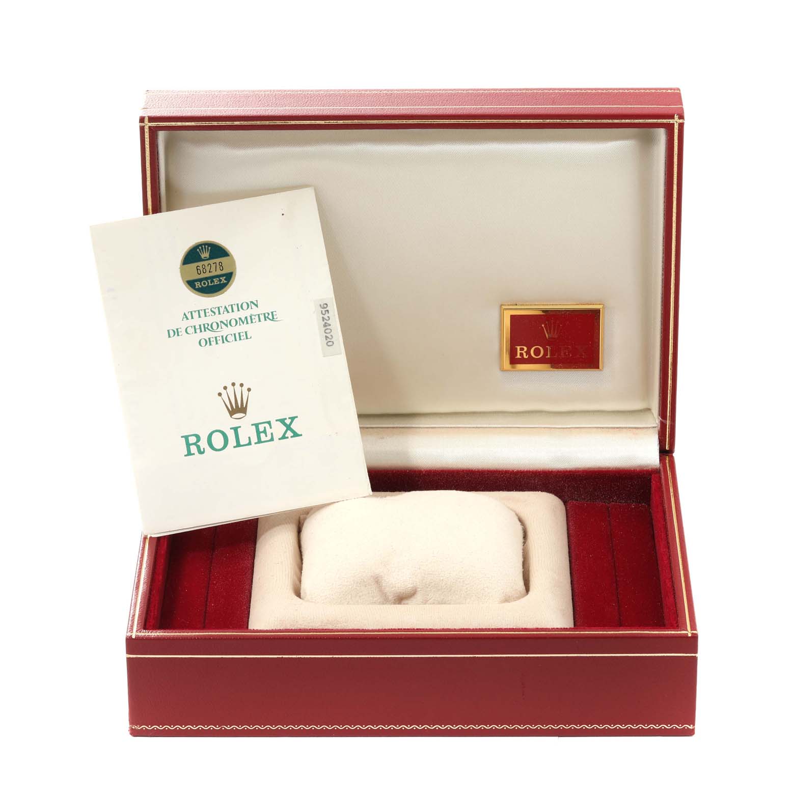 This image shows the unopened box of a Rolex President 68278 Women
s Yellow Gold Champagne Dial 68278 Women
s Yellow Gold Champagne Dial model watch, along with its official certification papers.