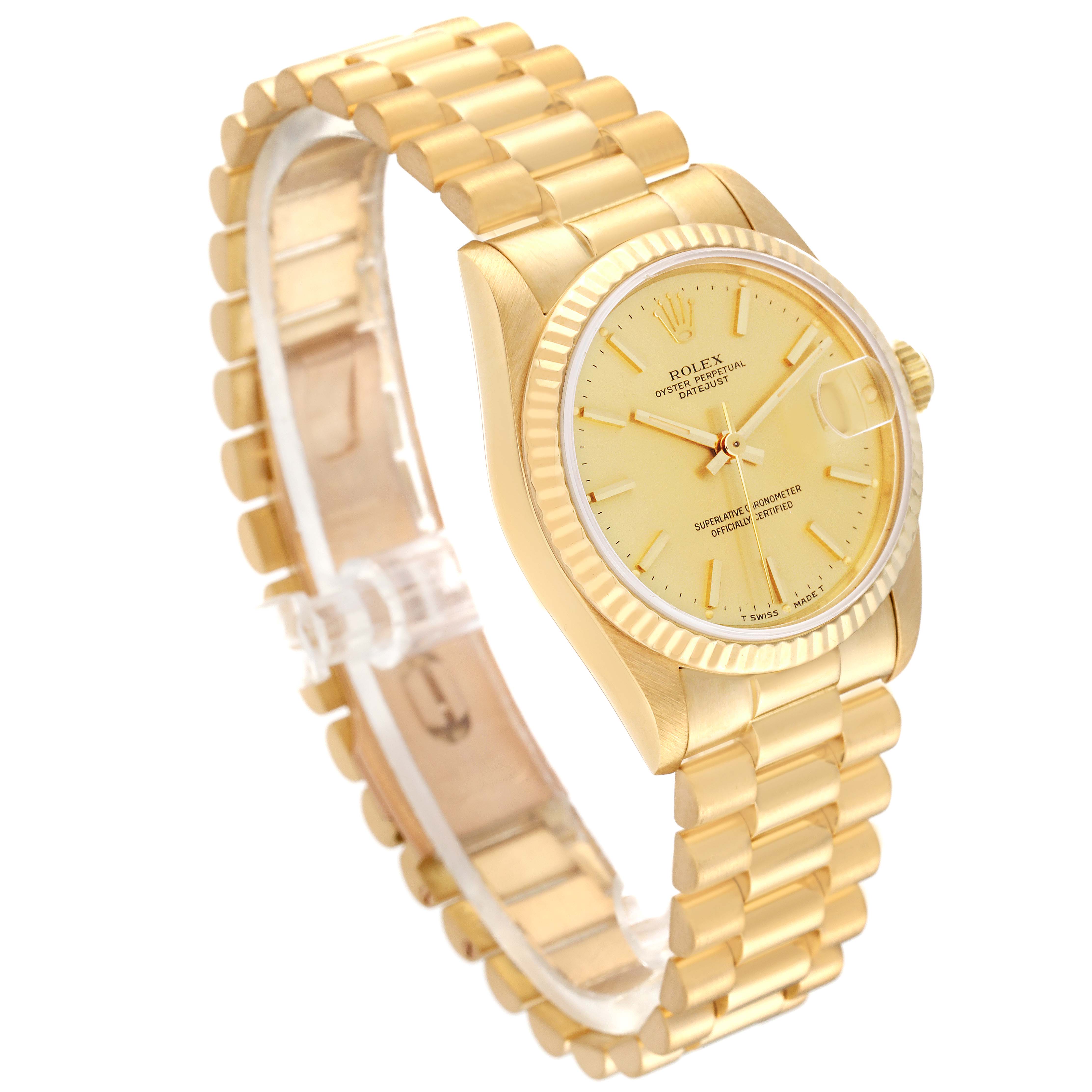 The image shows a Rolex President 68278 Women
s Yellow Gold Champagne Dial 68278 Women
s Yellow Gold Champagne Dial model watch at a three-quarter angle, highlighting its bracelet, dial, and case.