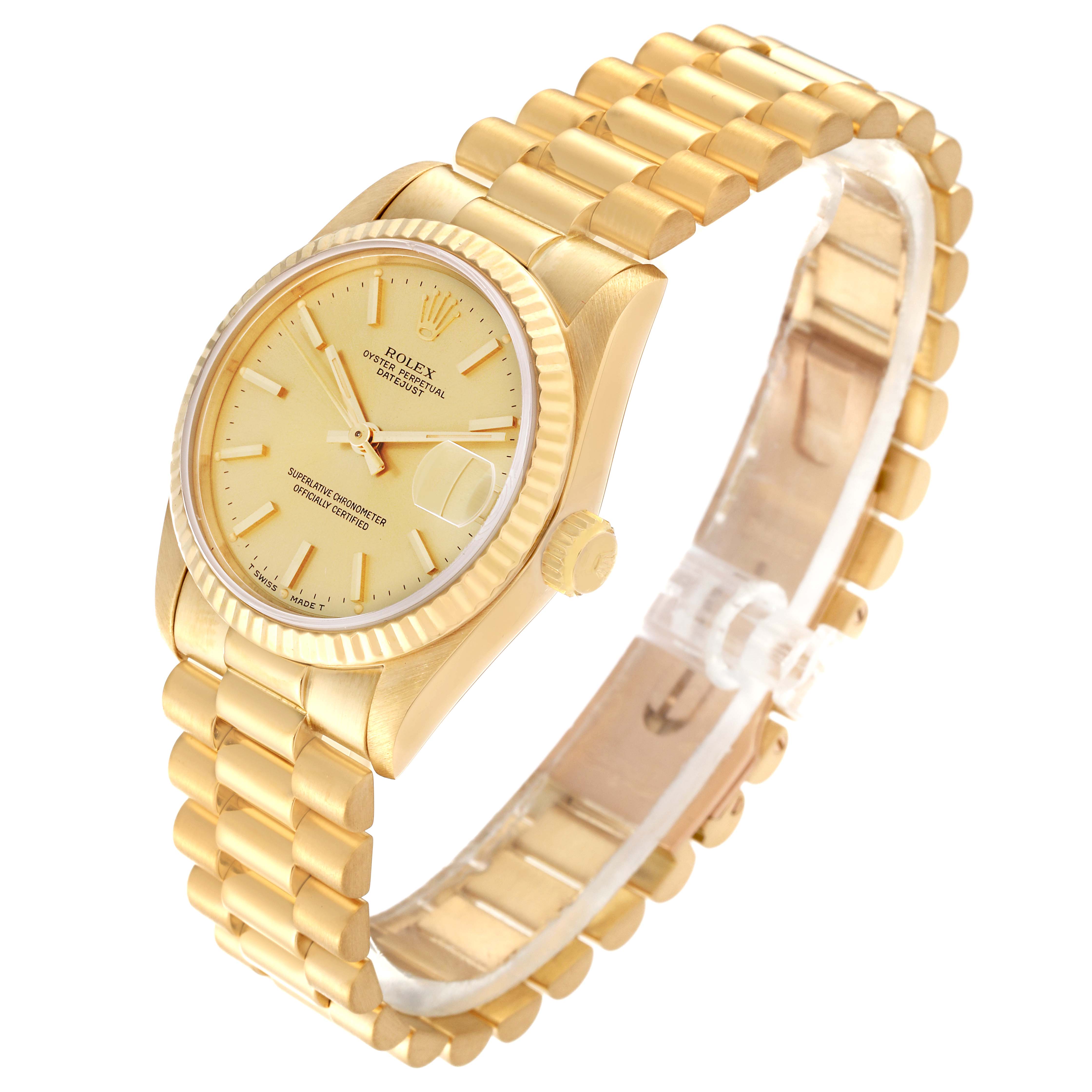 The Rolex President 68278 Women
s Yellow Gold Champagne Dial 68278 Women
s Yellow Gold Champagne Dial model watch is shown at an angled view displaying the face, bezel, crown, and bracelet.