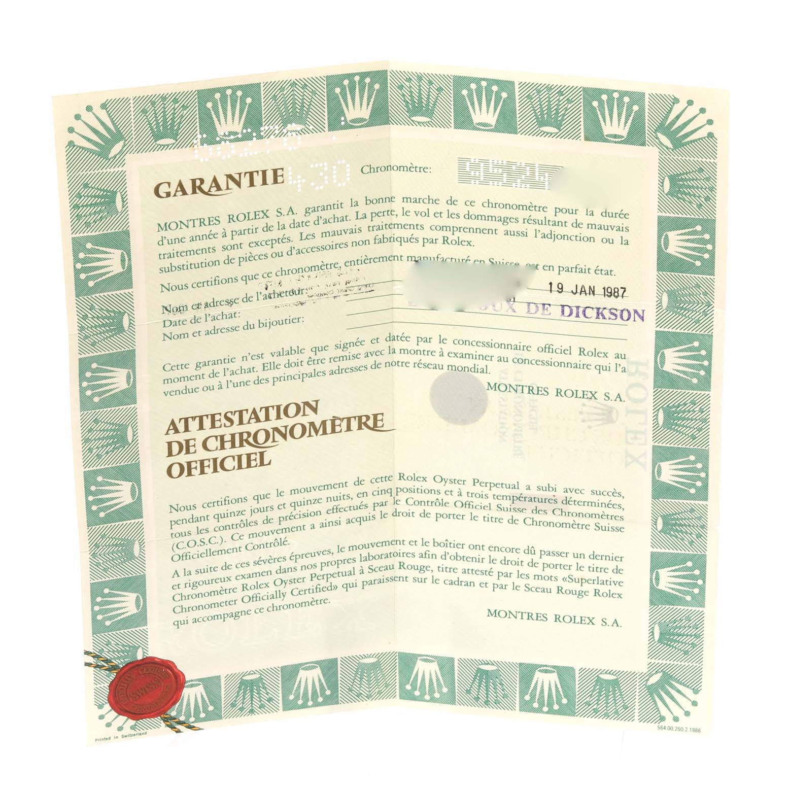 The document shown is a warranty certificate for the Rolex President 68278 Women
s Yellow Gold Champagne Dial 68278 Women
s Yellow Gold Champagne Dial model watch with the Rolex branding and emblem.