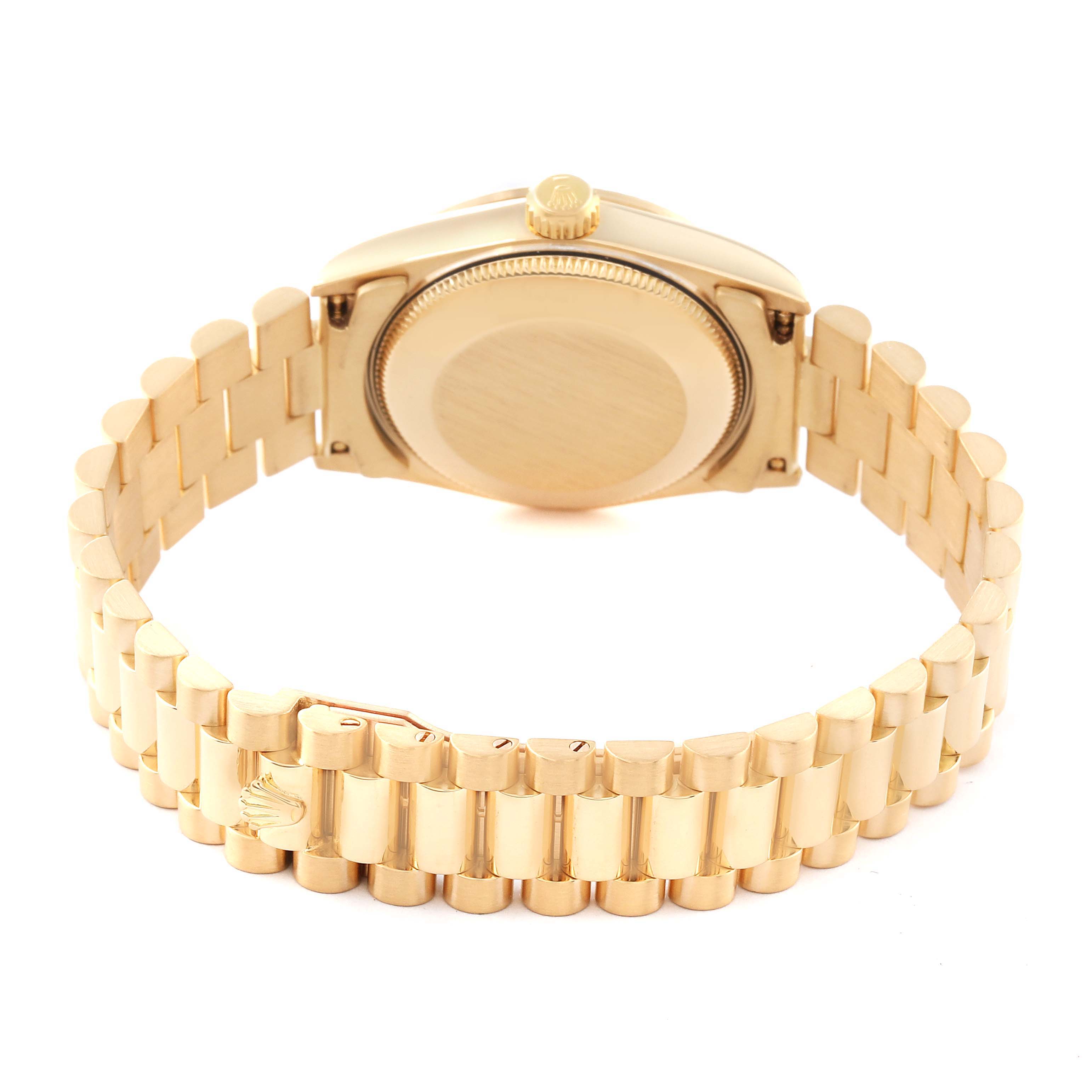 The image displays the back view of the Rolex President 68278 Women
s Yellow Gold Champagne Dial 68278 Women
s Yellow Gold Champagne Dial model watch, showcasing its gold bracelet, case back, and crown.