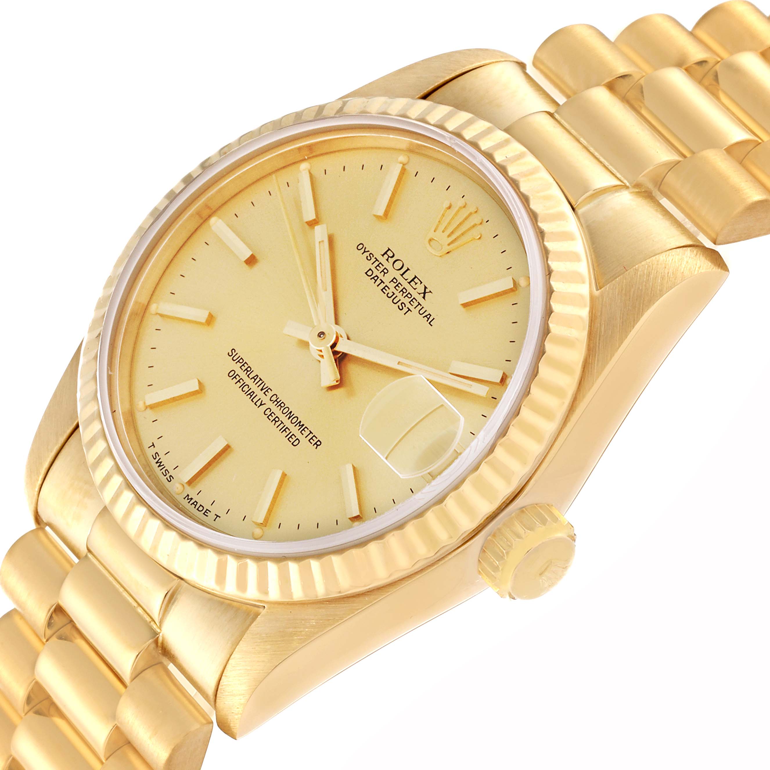 The angle shows a close-up of the Rolex President 68278 Women
s Yellow Gold Champagne Dial 68278 Women
s Yellow Gold Champagne Dial model wristwatch, highlighting the face, crown, and band.