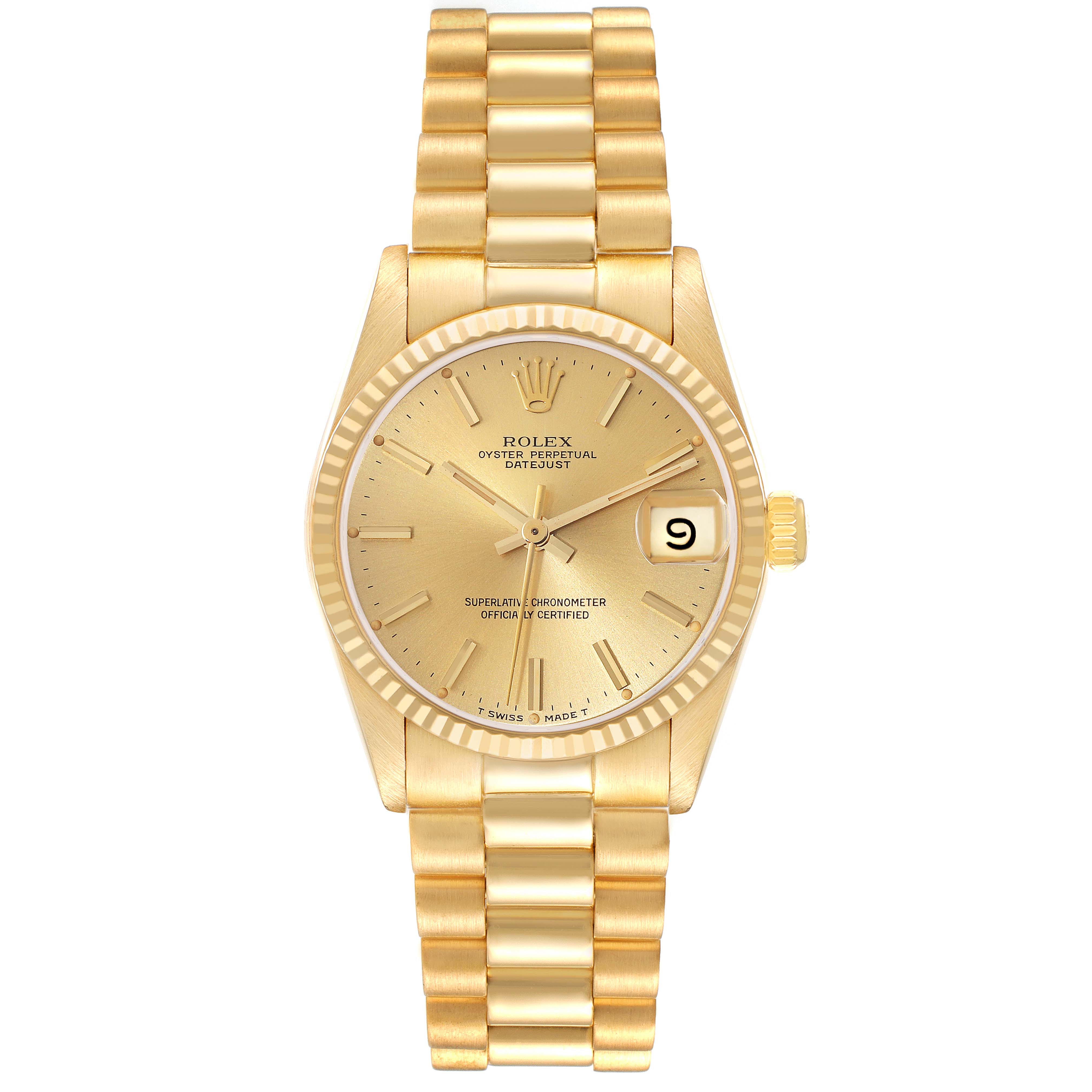 This is a front view of a Rolex President 68278 Women
s Yellow Gold Champagne Dial 68278 Women
s Yellow Gold Champagne Dial model watch, showing the face, hands, date display, and full bracelet.