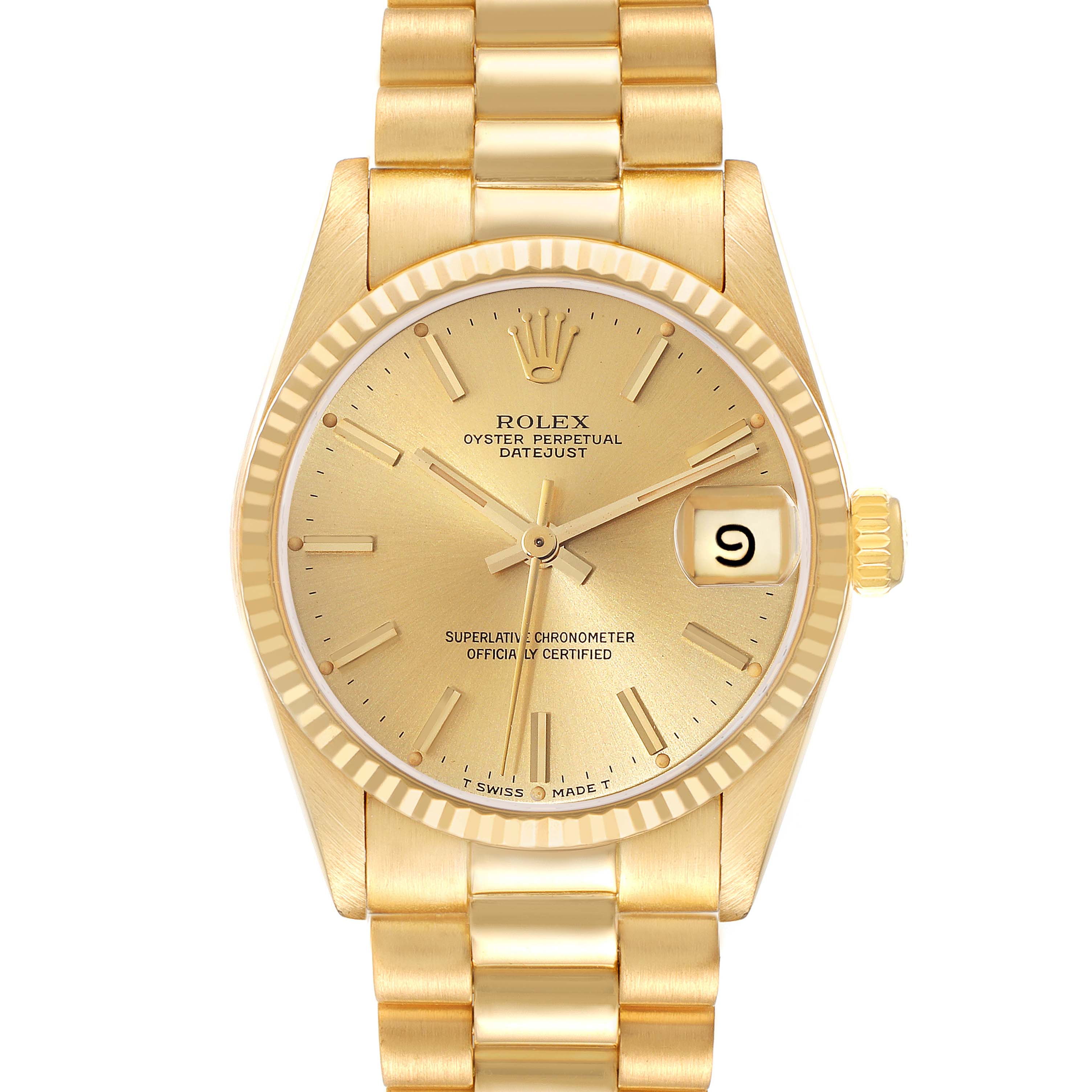 The image shows a front view of the Rolex President 68278 Women
s Yellow Gold Champagne Dial 68278 Women
s Yellow Gold Champagne Dial model, highlighting the watch face, fluted bezel, and bracelet.