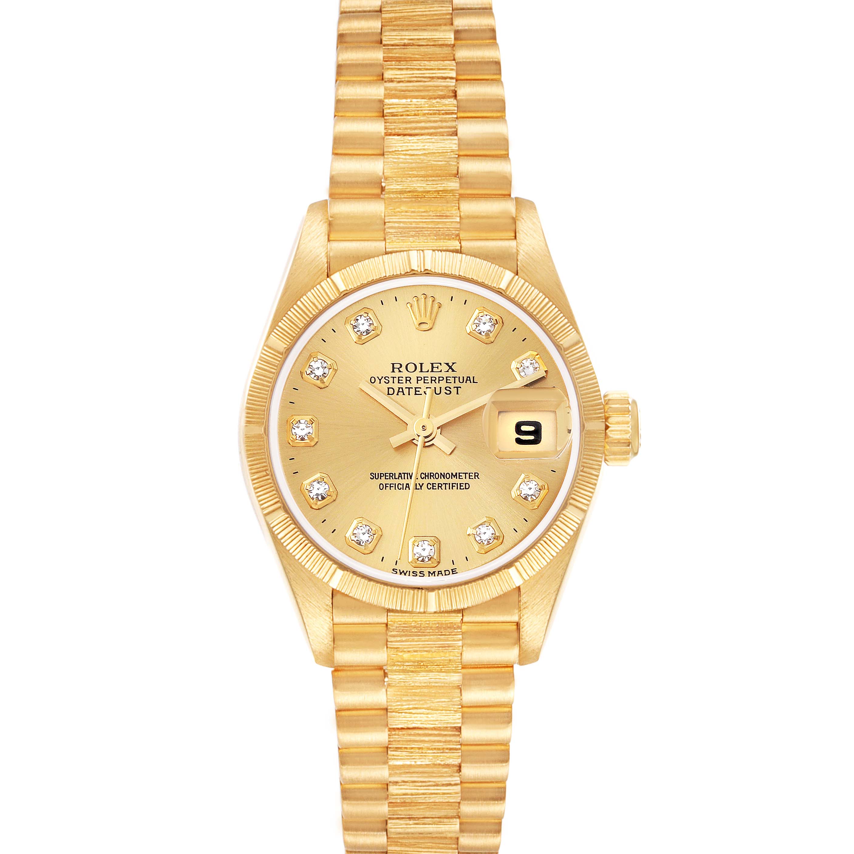 The image shows a front view of a Rolex President 79278 Women's Yellow Gold Champagne Dial 79278 Women's Yellow Gold Champagne Dial model watch, highlighting its gold band, dial, and date display.