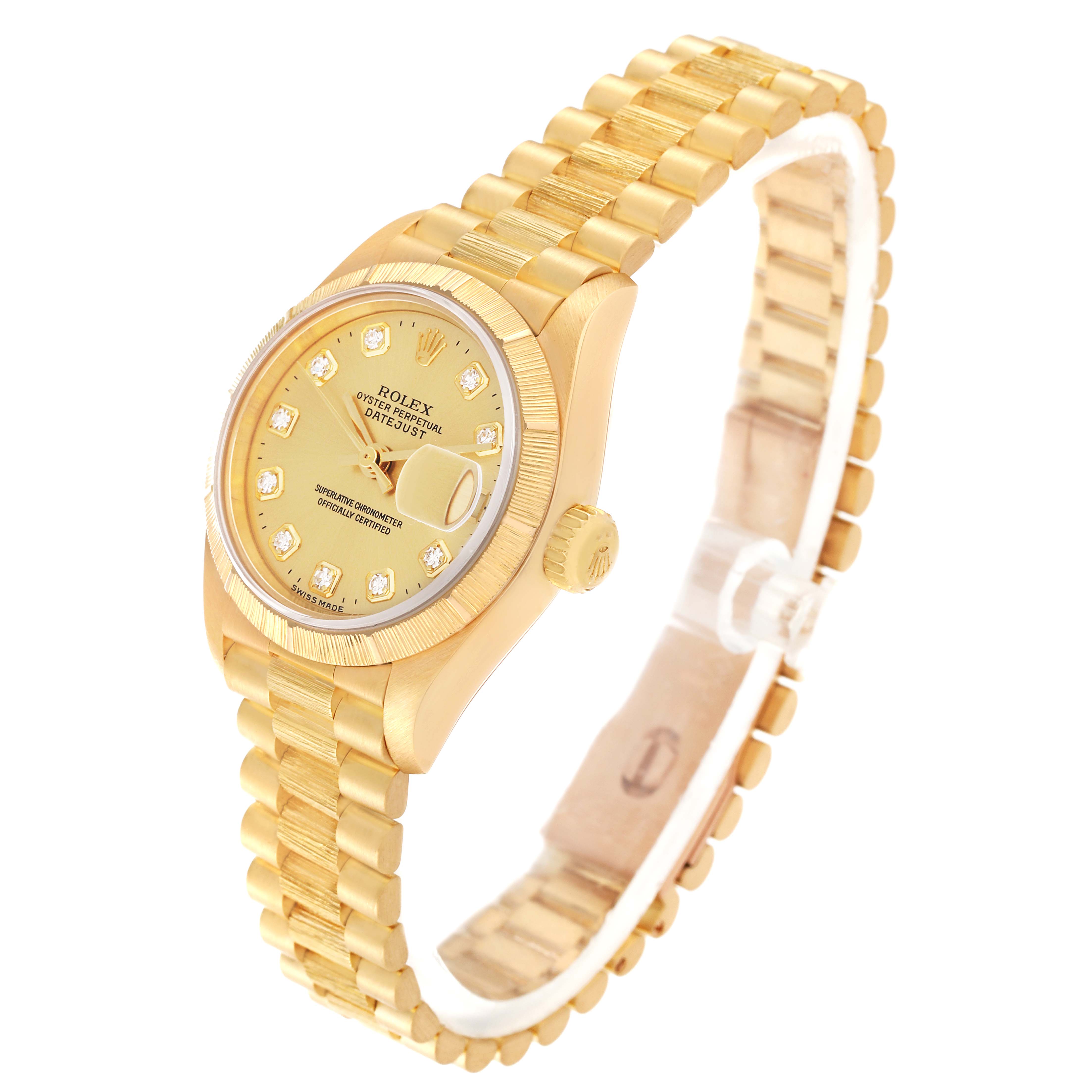 The Rolex President 79278 Women's Yellow Gold Champagne Dial 79278 Women's Yellow Gold Champagne Dial model watch is shown from an angled perspective, displaying the face, bezel, crown, and bracelet.