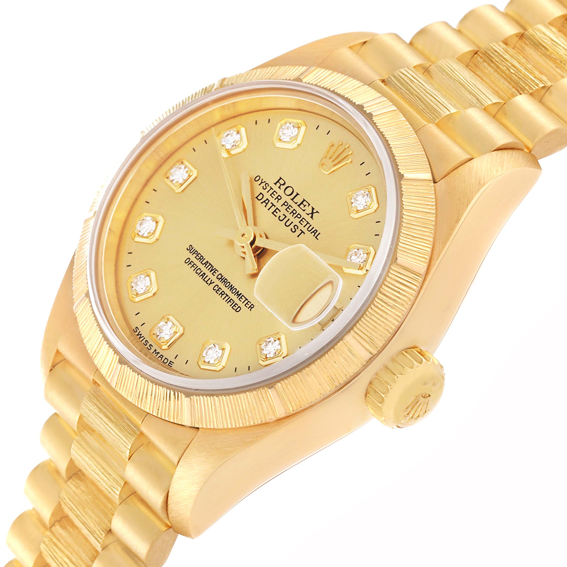 The Rolex President 79278 Women's Yellow Gold Champagne Dial 79278 Women's Yellow Gold Champagne Dial model is shown at a three-quarter angle, highlighting the gold dial, case, and bracelet.