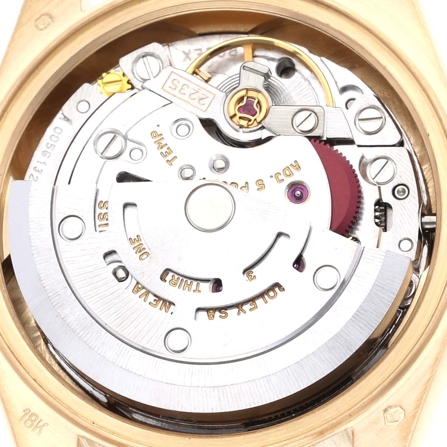 This image shows the internal movement mechanism of a Rolex President 79278 Women's Yellow Gold Champagne Dial 79278 Women's Yellow Gold Champagne Dial model watch, viewed from the rear.