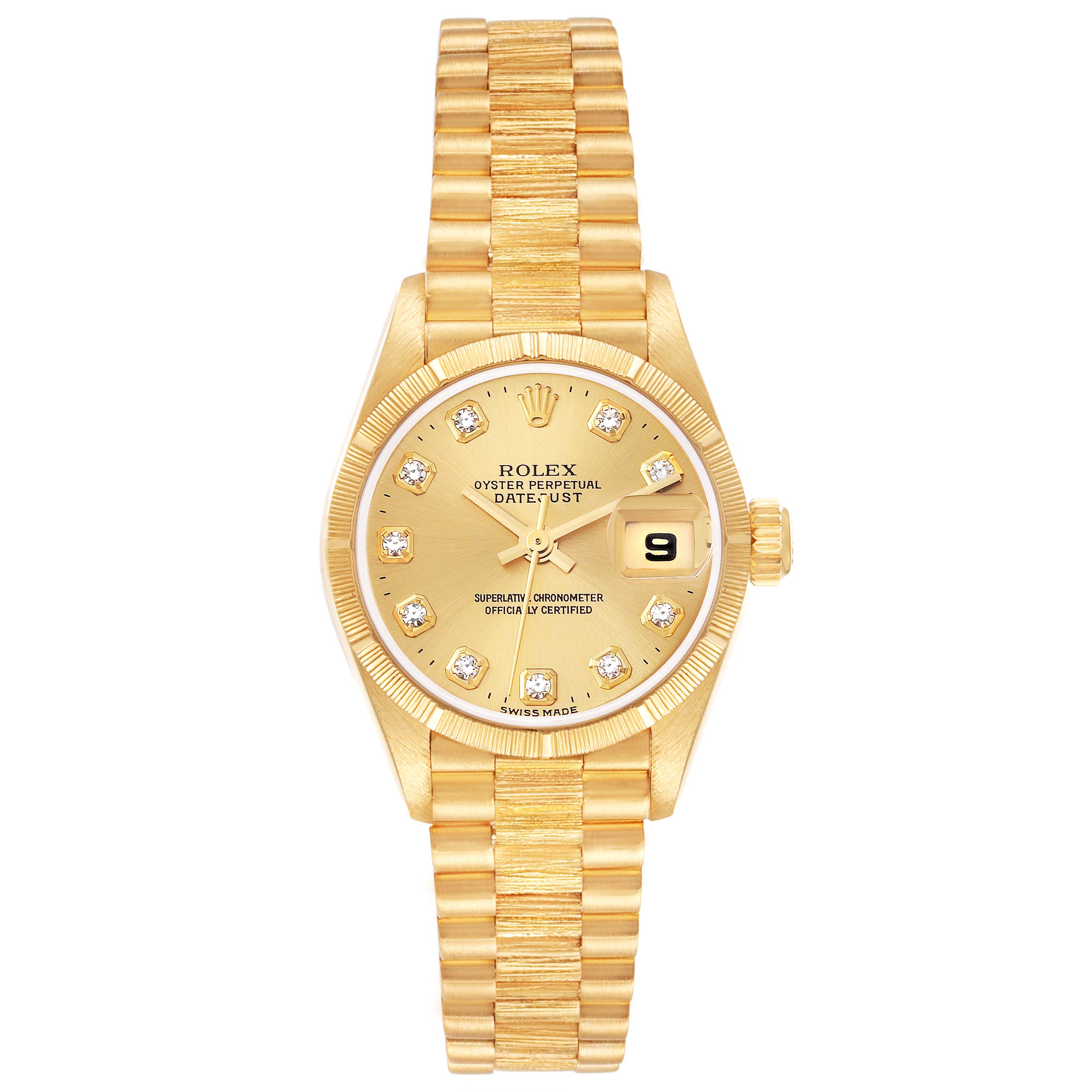 The Rolex President 79278 Women's Yellow Gold Champagne Dial 79278 Women's Yellow Gold Champagne Dial model watch is shown from a top-down angle, revealing the face, bezel, crown, and bracelet.