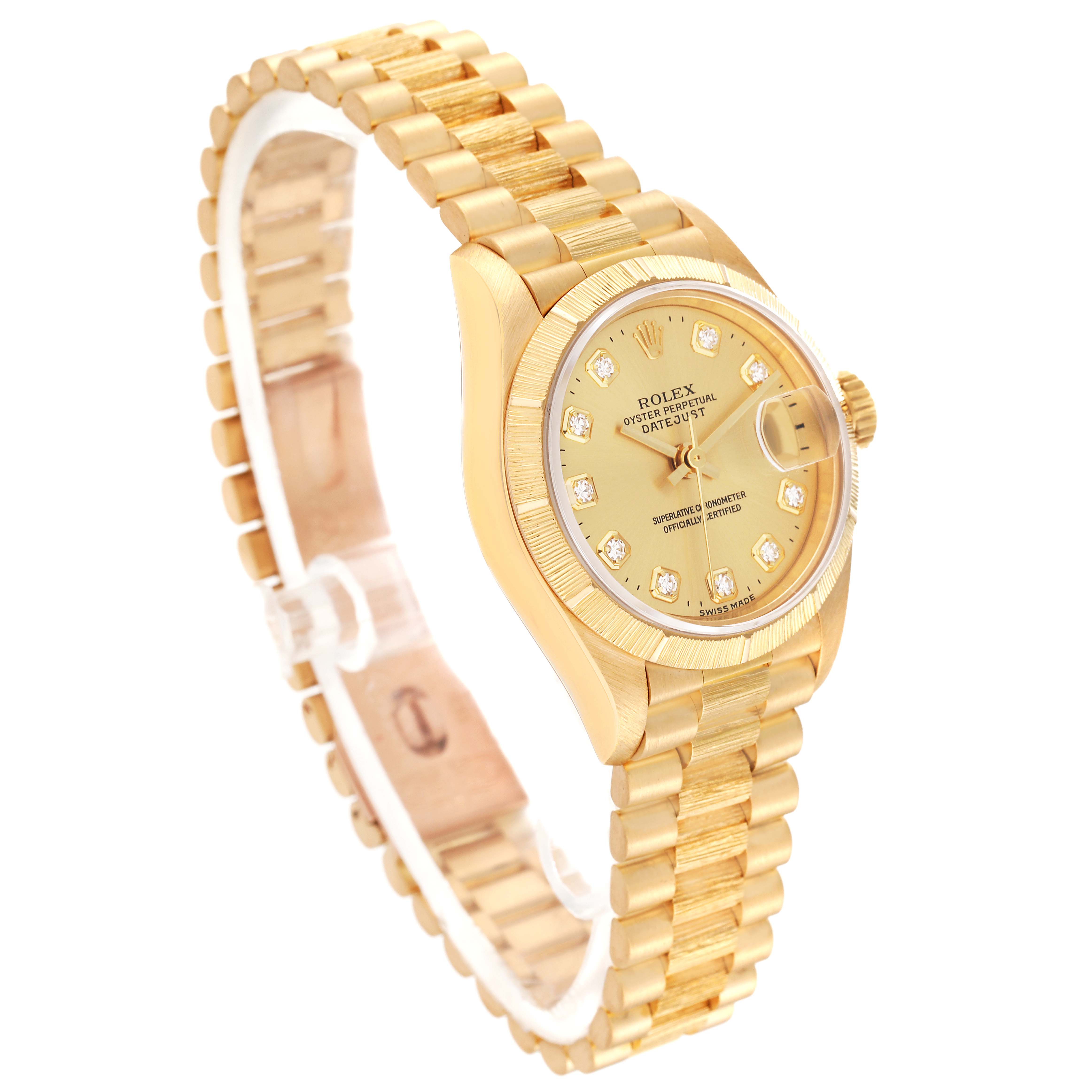 This is a side angle view of the Rolex President 79278 Women's Yellow Gold Champagne Dial 79278 Women's Yellow Gold Champagne Dial model, showcasing the watch face, bezel, and bracelet.