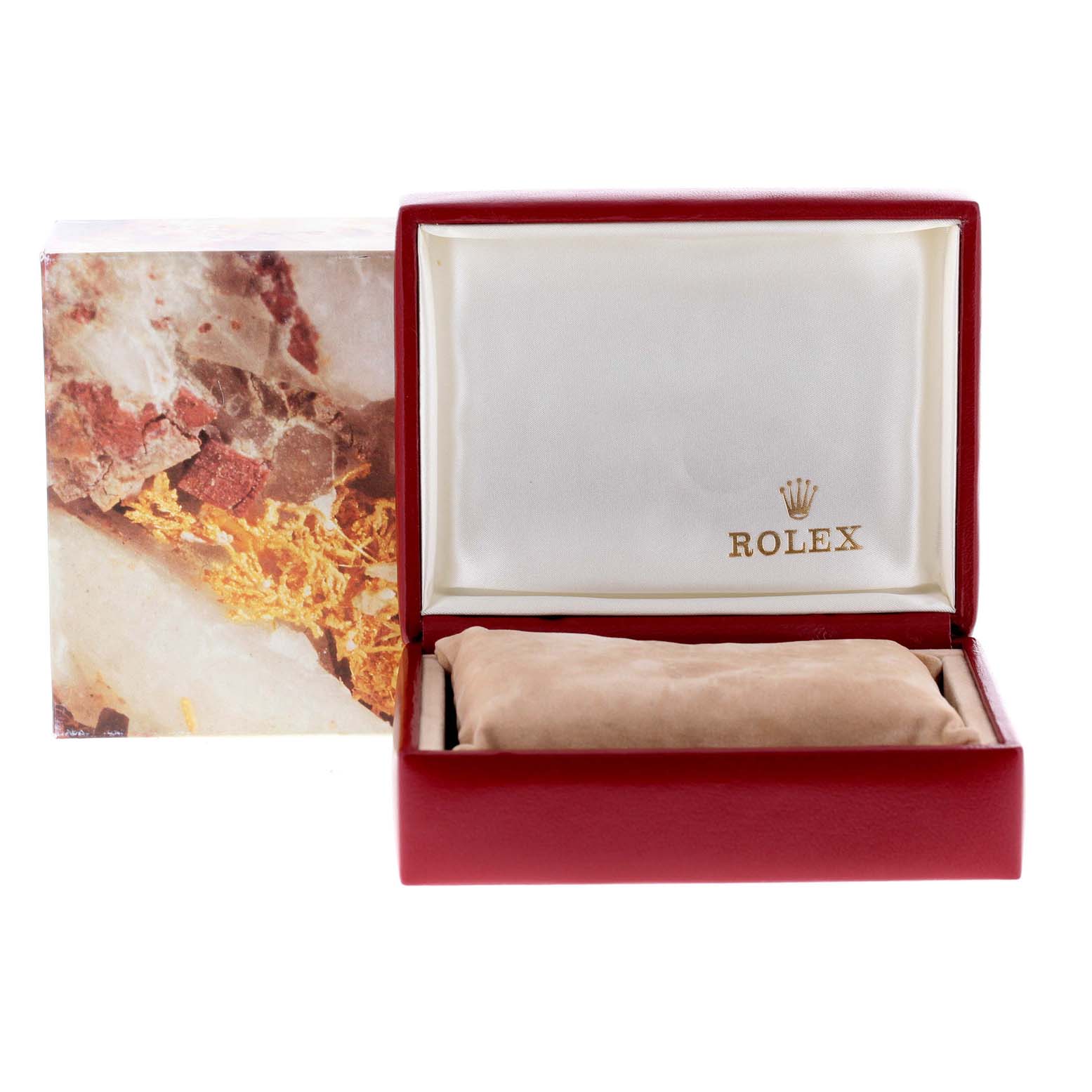 The image shows a frontal view of a Rolex President 69178 Women
s Yellow Gold Champagne Dial 69178 Women
s Yellow Gold Champagne Dial watch box, with an inner cushion and the "Rolex" logo inside.