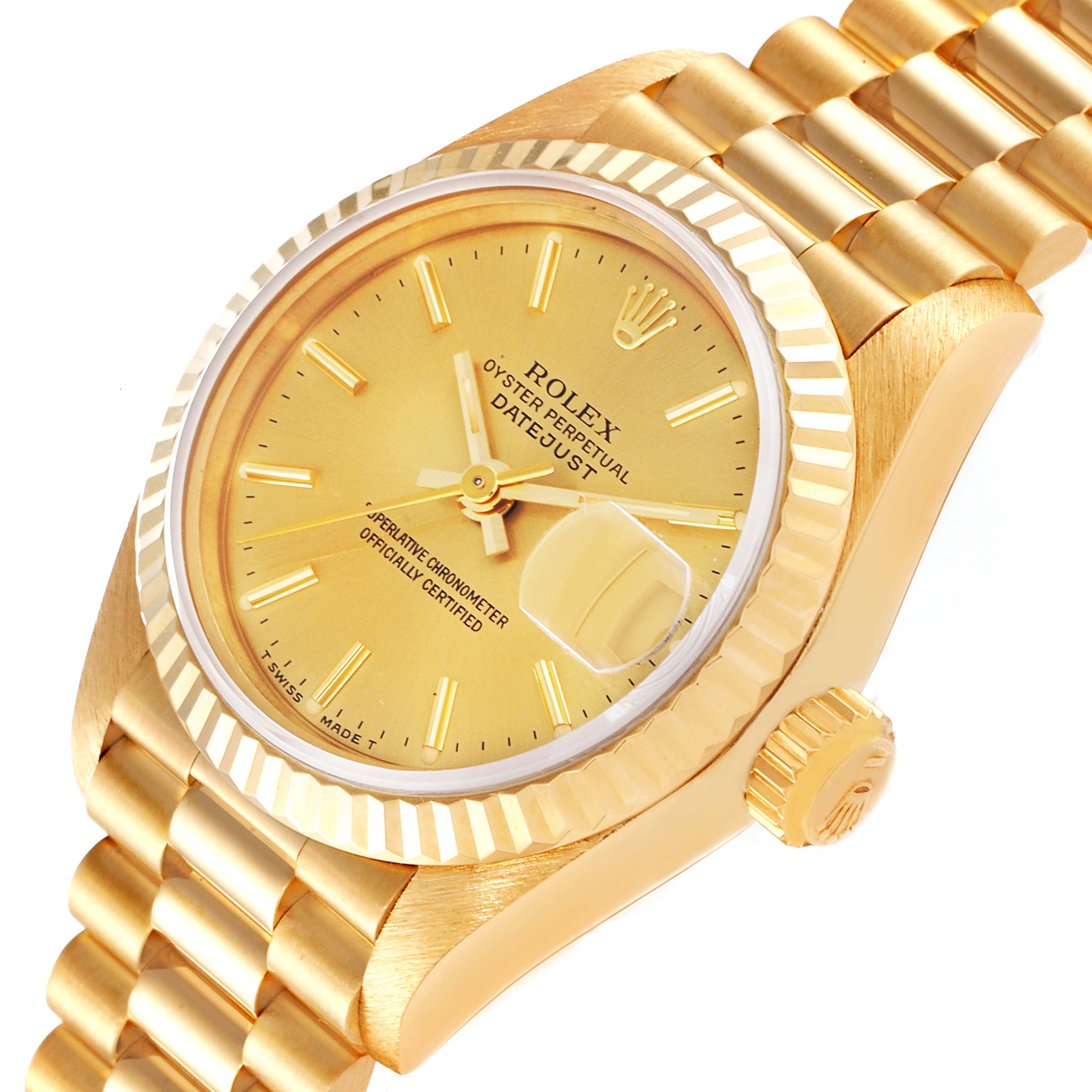The image shows a Rolex President 69178 Women
s Yellow Gold Champagne Dial 69178 Women
s Yellow Gold Champagne Dial model watch with a focus on the gold face, bezel, crown, and part of the bracelet.