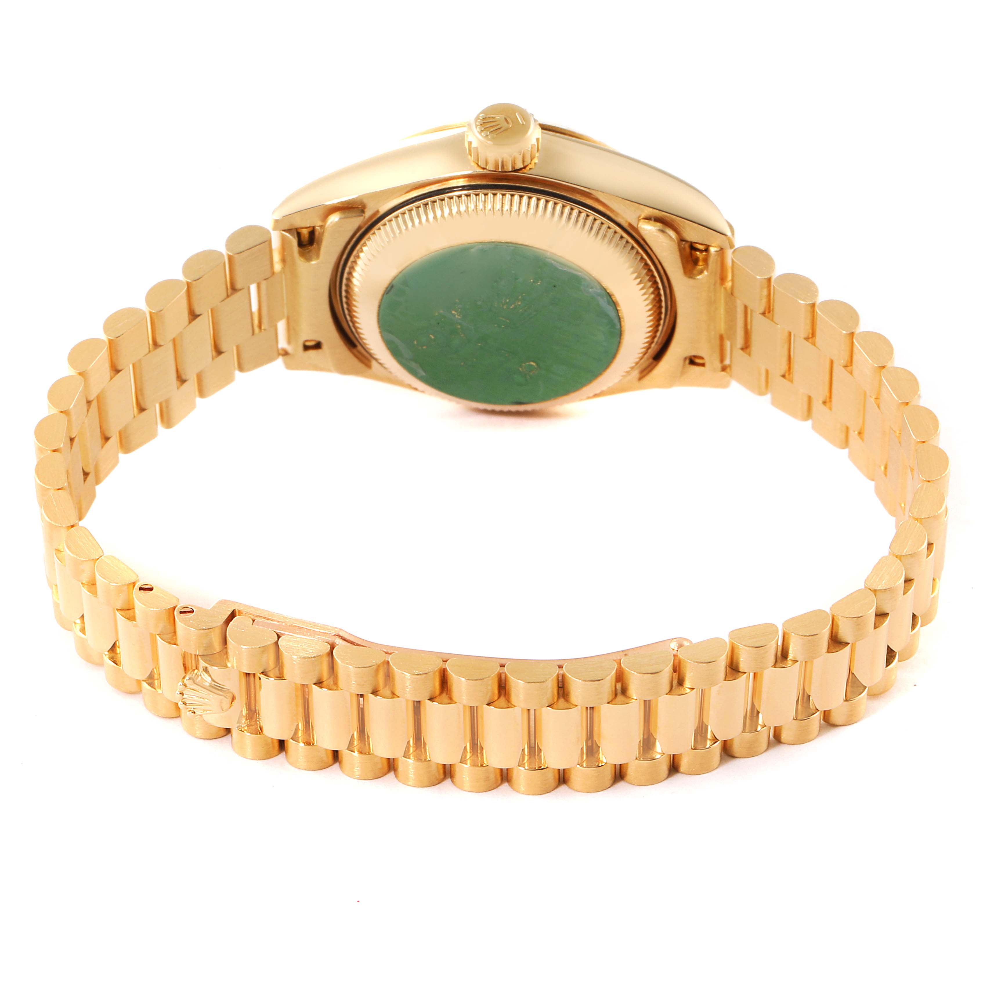 The image shows the back view of a Rolex President 69178 Women
s Yellow Gold Champagne Dial 69178 Women
s Yellow Gold Champagne Dial model watch, highlighting the bracelet and case back.