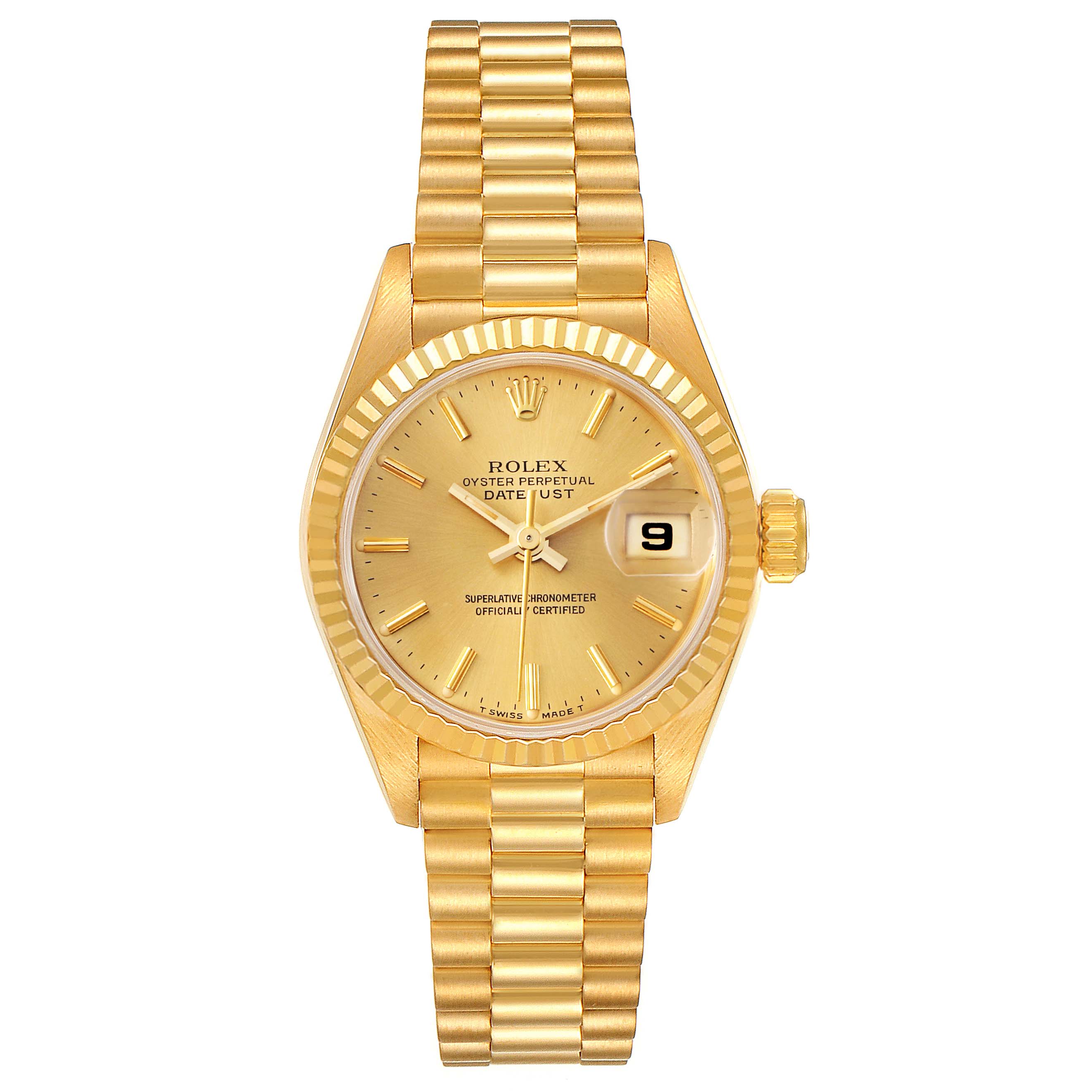 The image shows a front view of a Rolex President 69178 Women
s Yellow Gold Champagne Dial 69178 Women
s Yellow Gold Champagne Dial model watch, highlighting its gold case, bracelet, dial, and date window.