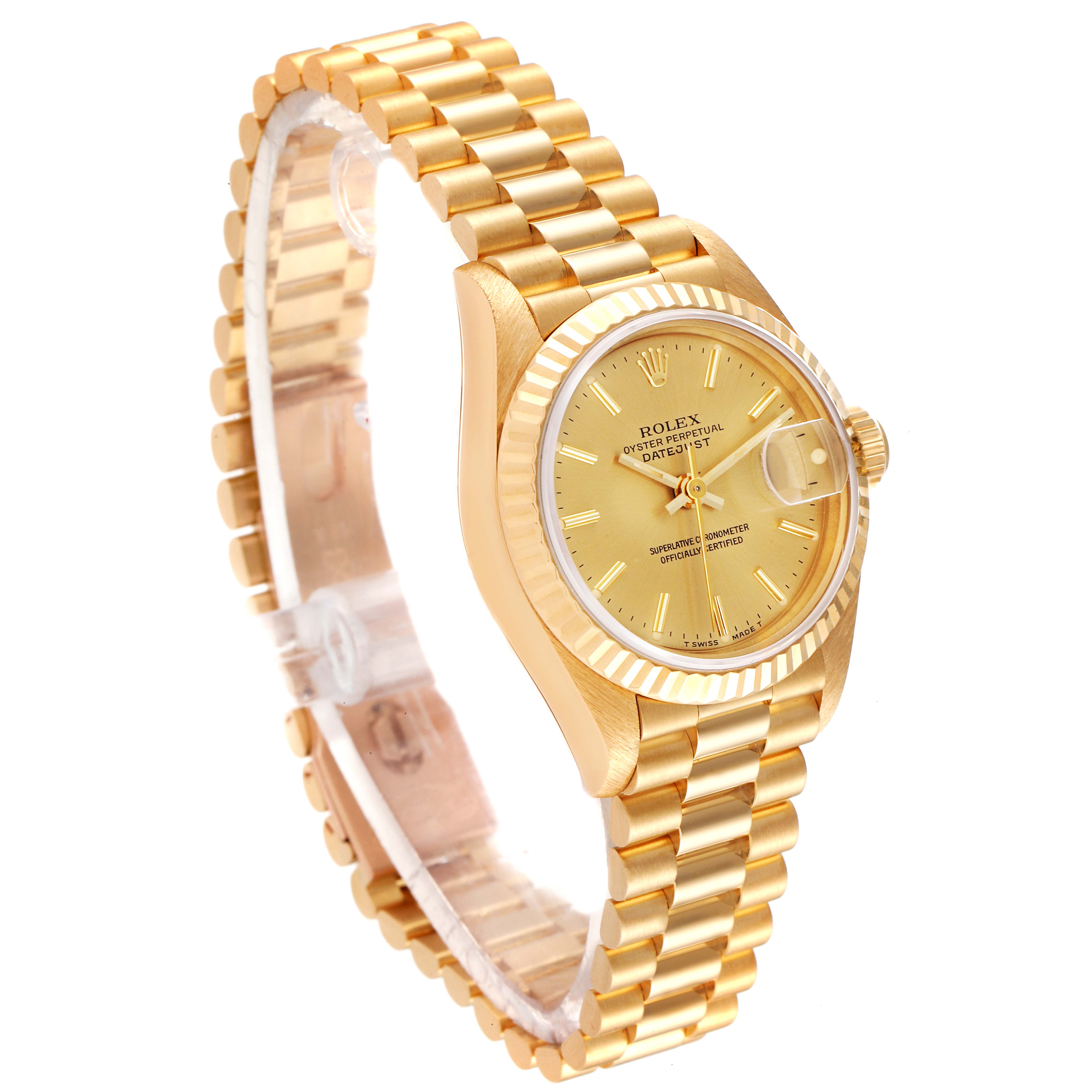 The image shows a Rolex President 69178 Women
s Yellow Gold Champagne Dial 69178 Women
s Yellow Gold Champagne Dial model watch at a slight angle, highlighting the dial, bezel, crown, and bracelet.