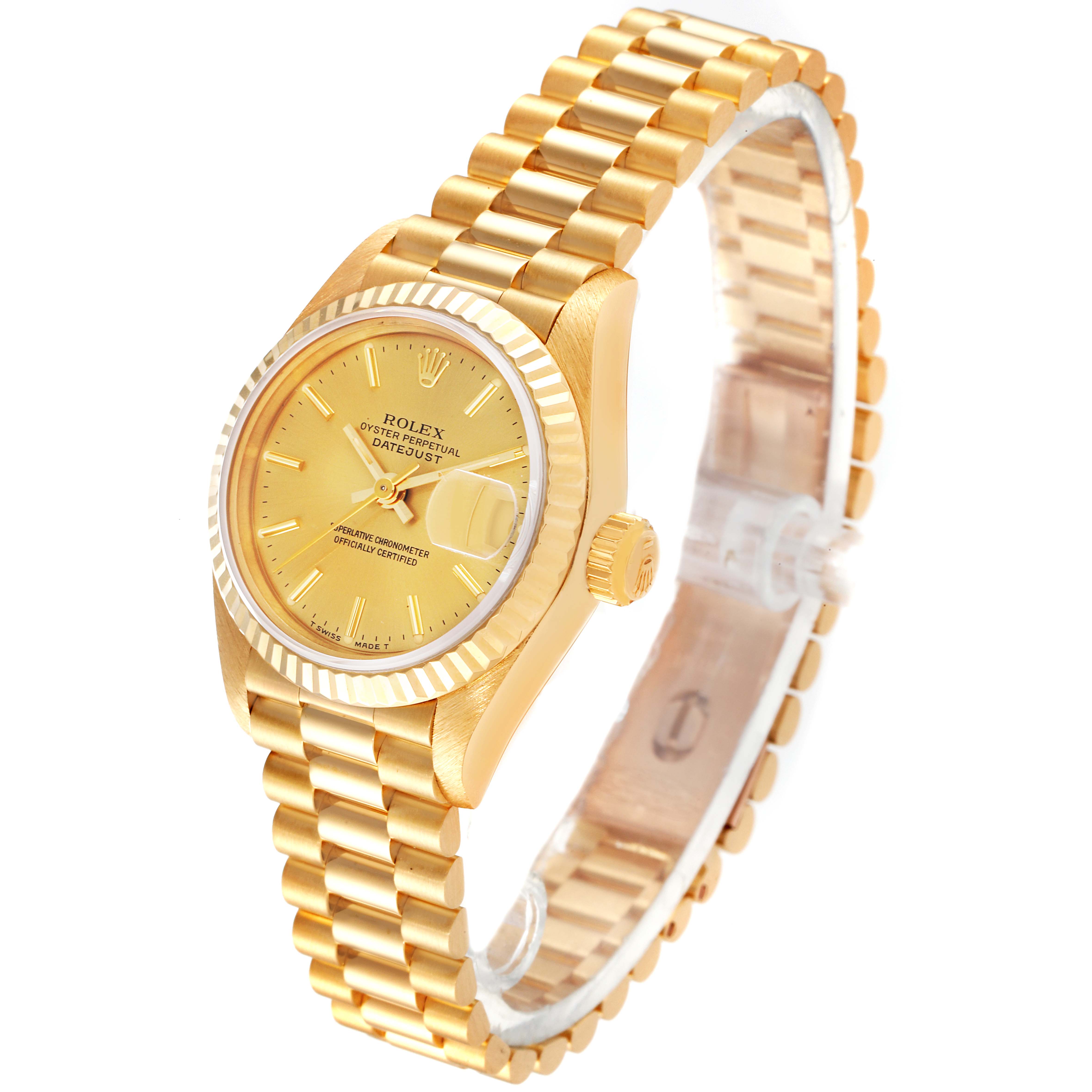 This image shows a Rolex President 69178 Women
s Yellow Gold Champagne Dial 69178 Women
s Yellow Gold Champagne Dial model watch from an angled view, highlighting the gold band, face, and crown.