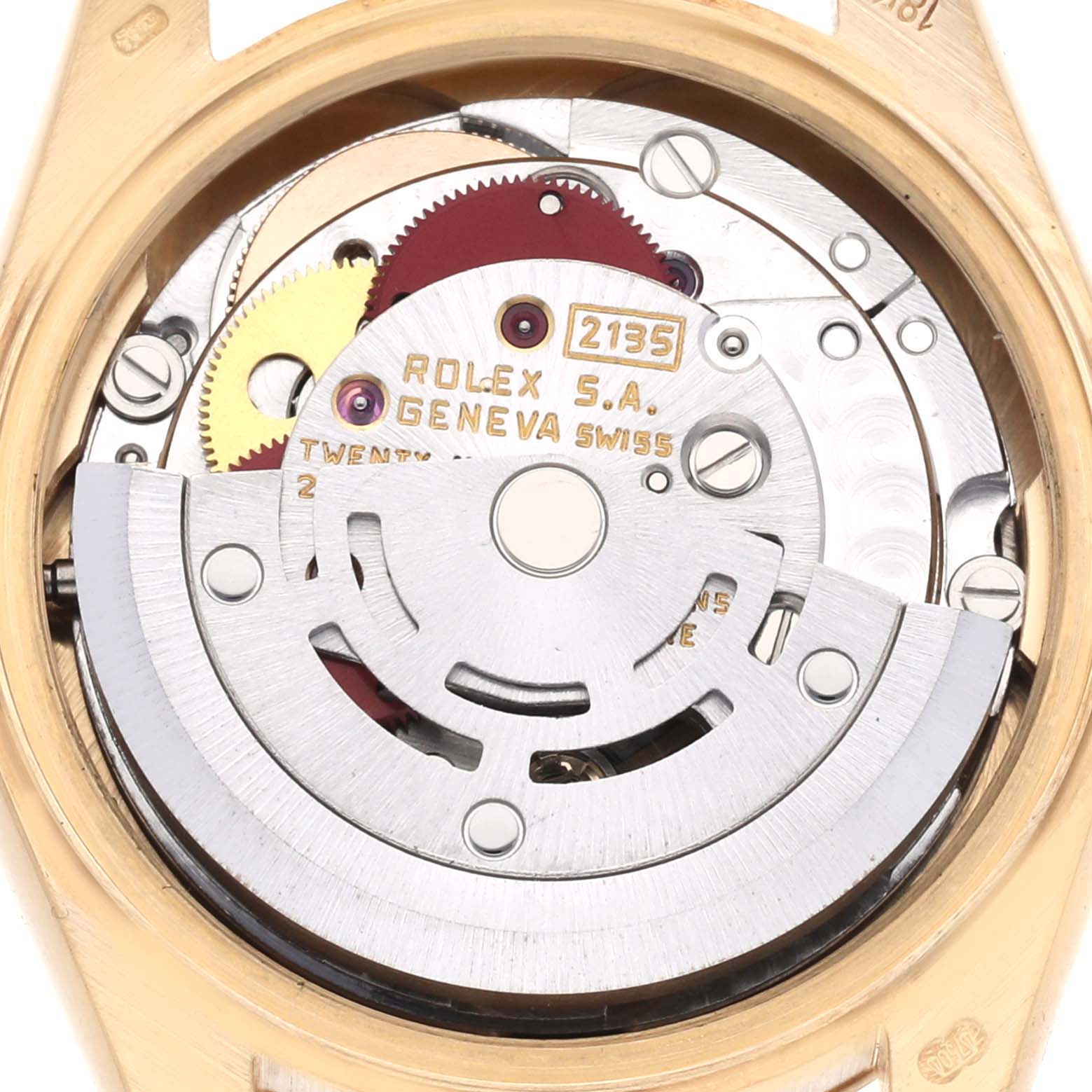 The image shows a close-up of the movement components of a Rolex President 69178 Women's Yellow Gold Champagne Dial 69178 Women's Yellow Gold Champagne Dial model watch.
