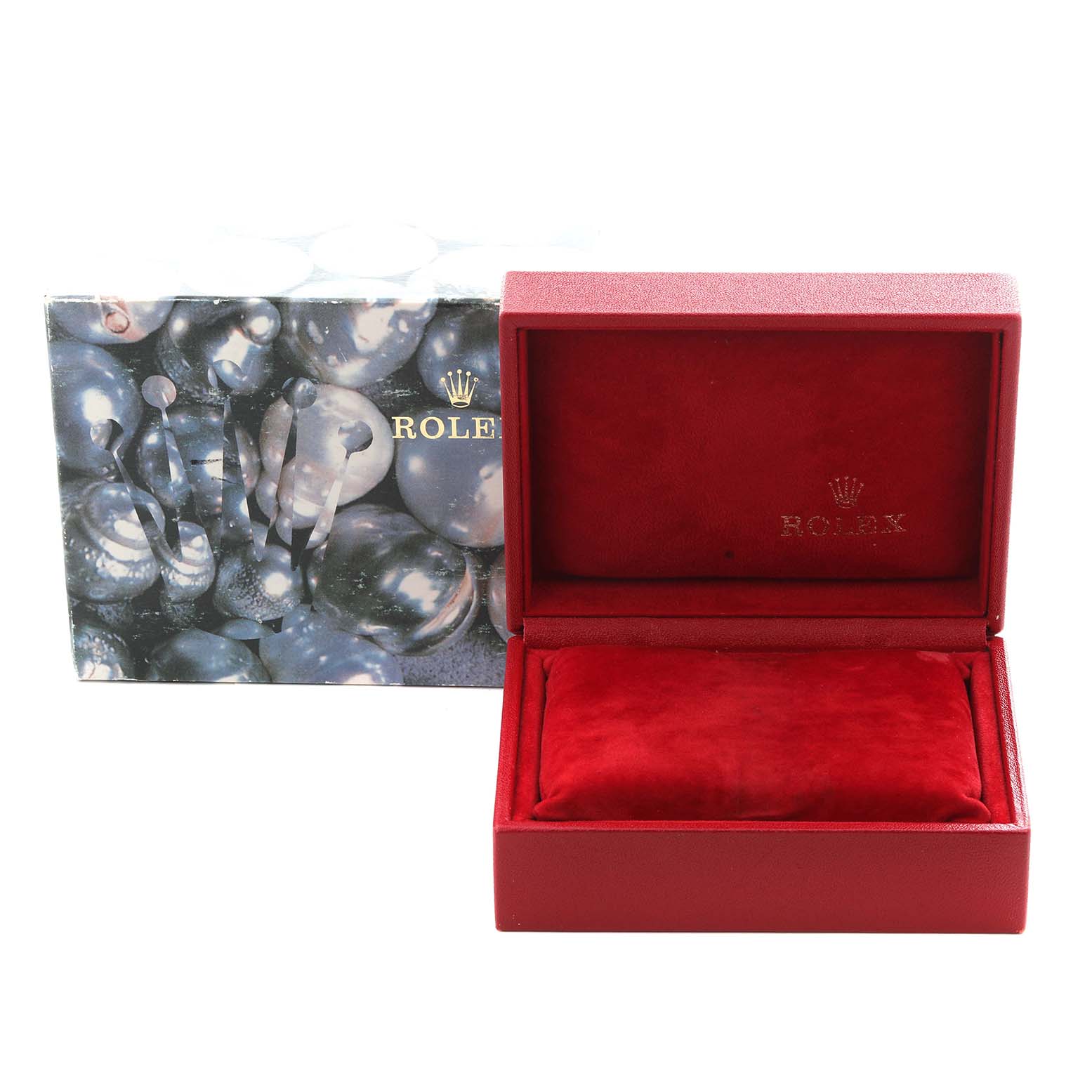 The image shows a Rolex President 69178 Women's Yellow Gold Champagne Dial 69178 Women's Yellow Gold Champagne Dial model's red velvet watch box and outer packaging, viewed from the front.