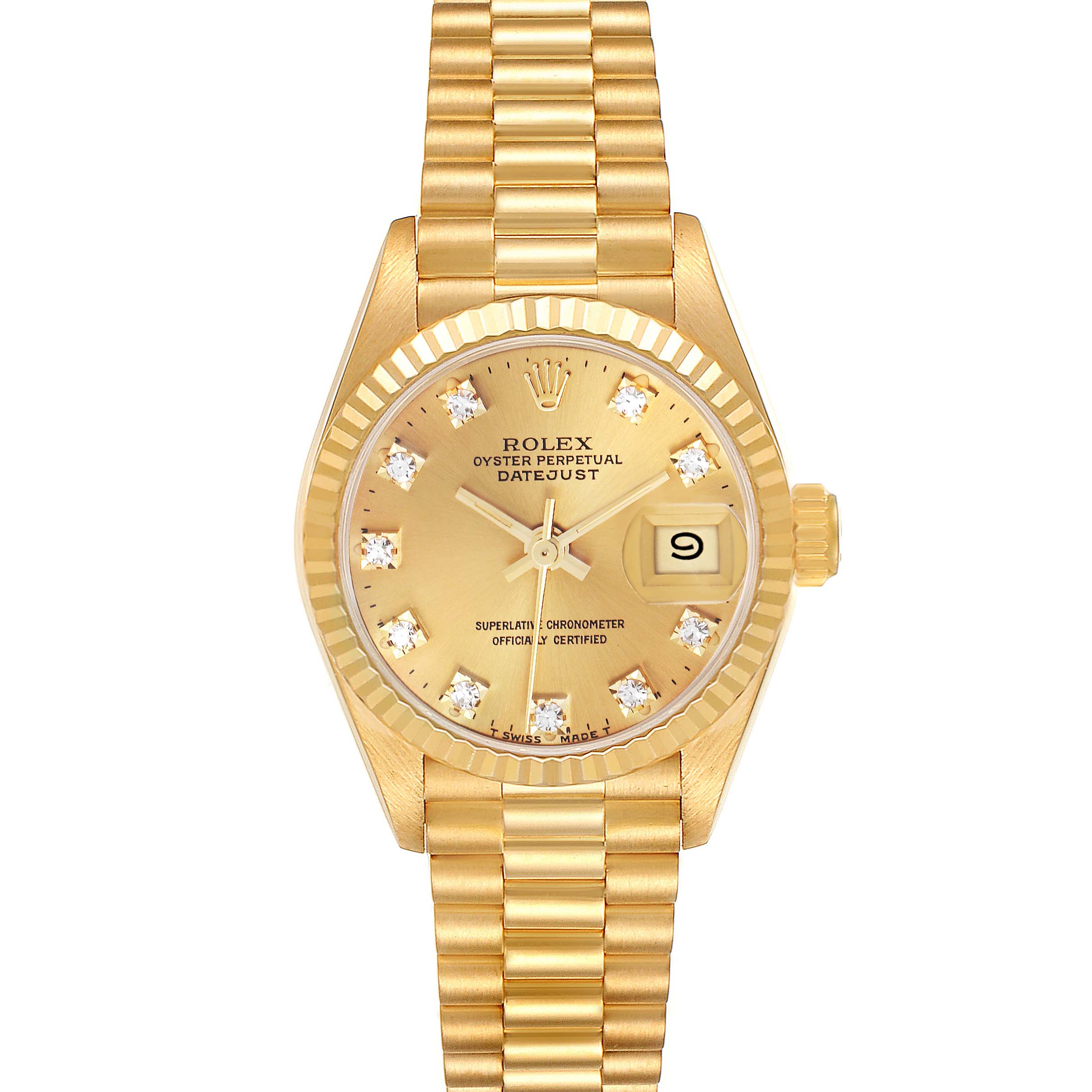 The Rolex President 69178 Women's Yellow Gold Champagne Dial 69178 Women's Yellow Gold Champagne Dial model watch is shown from the front, displaying its gold dial, date window, fluted bezel, and gold bracelet.