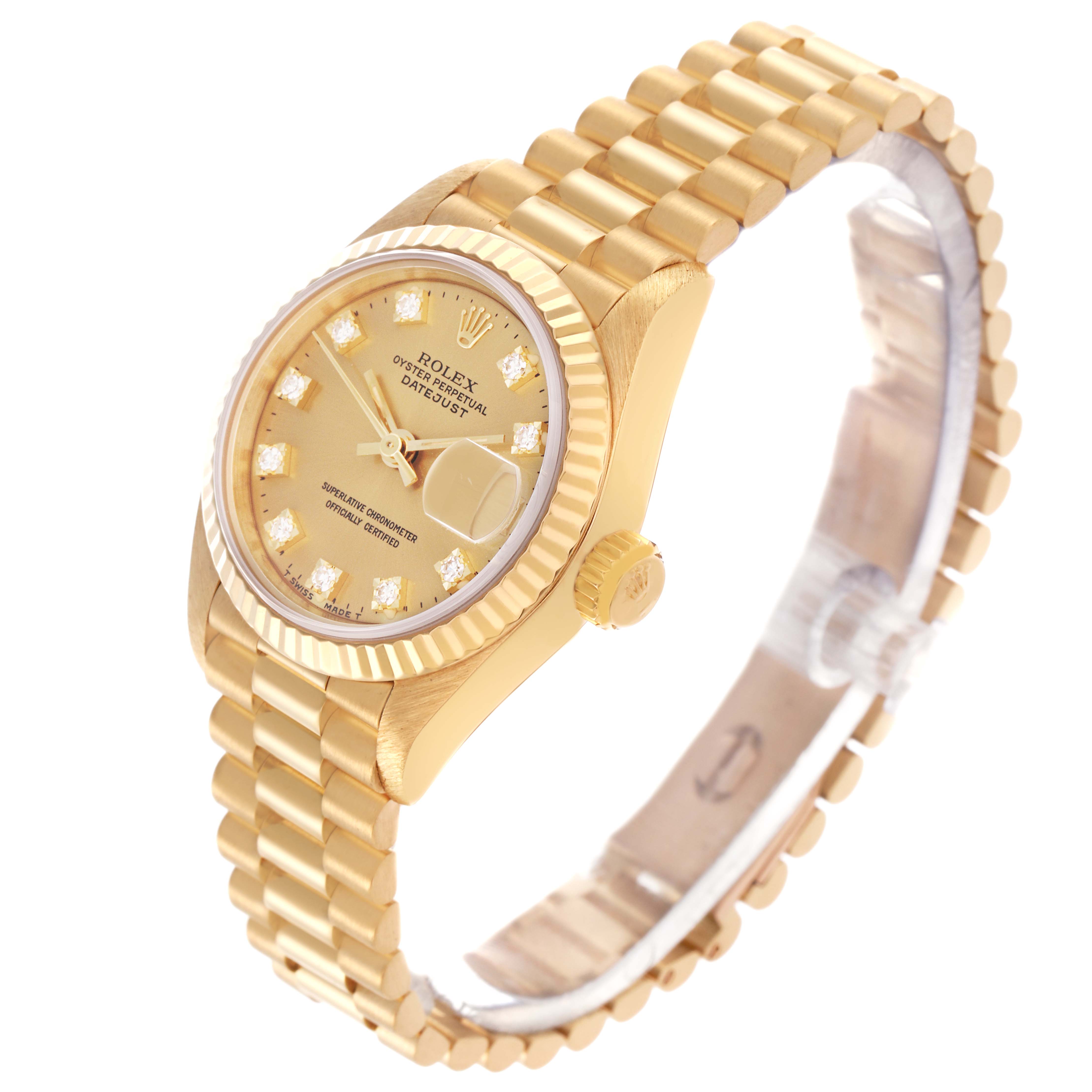 The Rolex President 69178 Women's Yellow Gold Champagne Dial 69178 Women's Yellow Gold Champagne Dial model watch is shown at a three-quarter angle, highlighting the face, bezel, crown, and band.