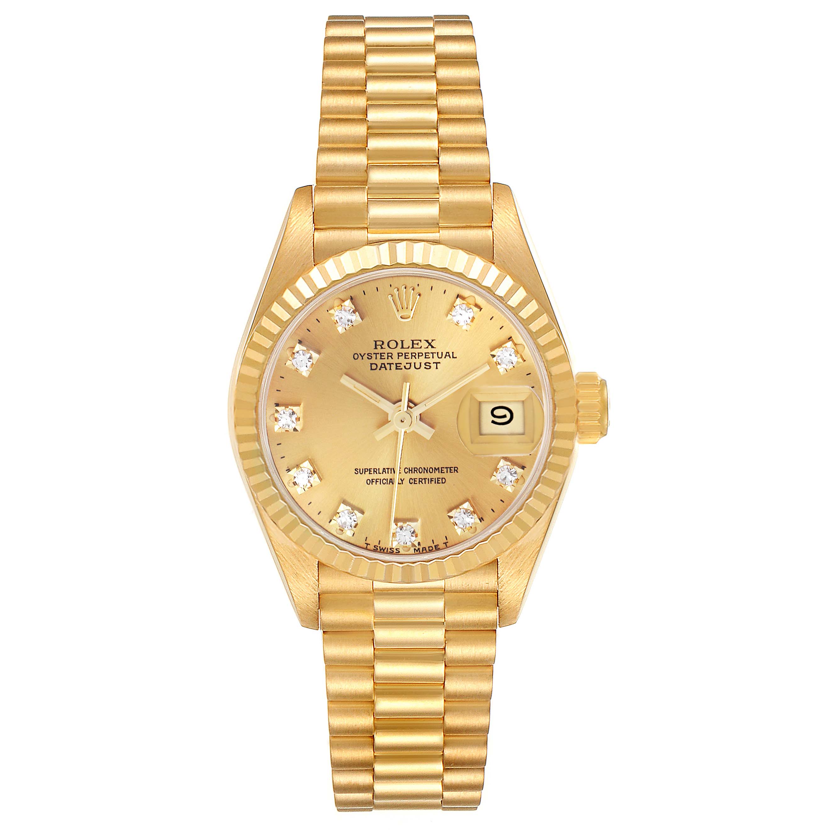 The Rolex President 69178 Women's Yellow Gold Champagne Dial 69178 Women's Yellow Gold Champagne Dial watch is shown from a top view, displaying the gold dial, fluted bezel, date window, and President bracelet.
