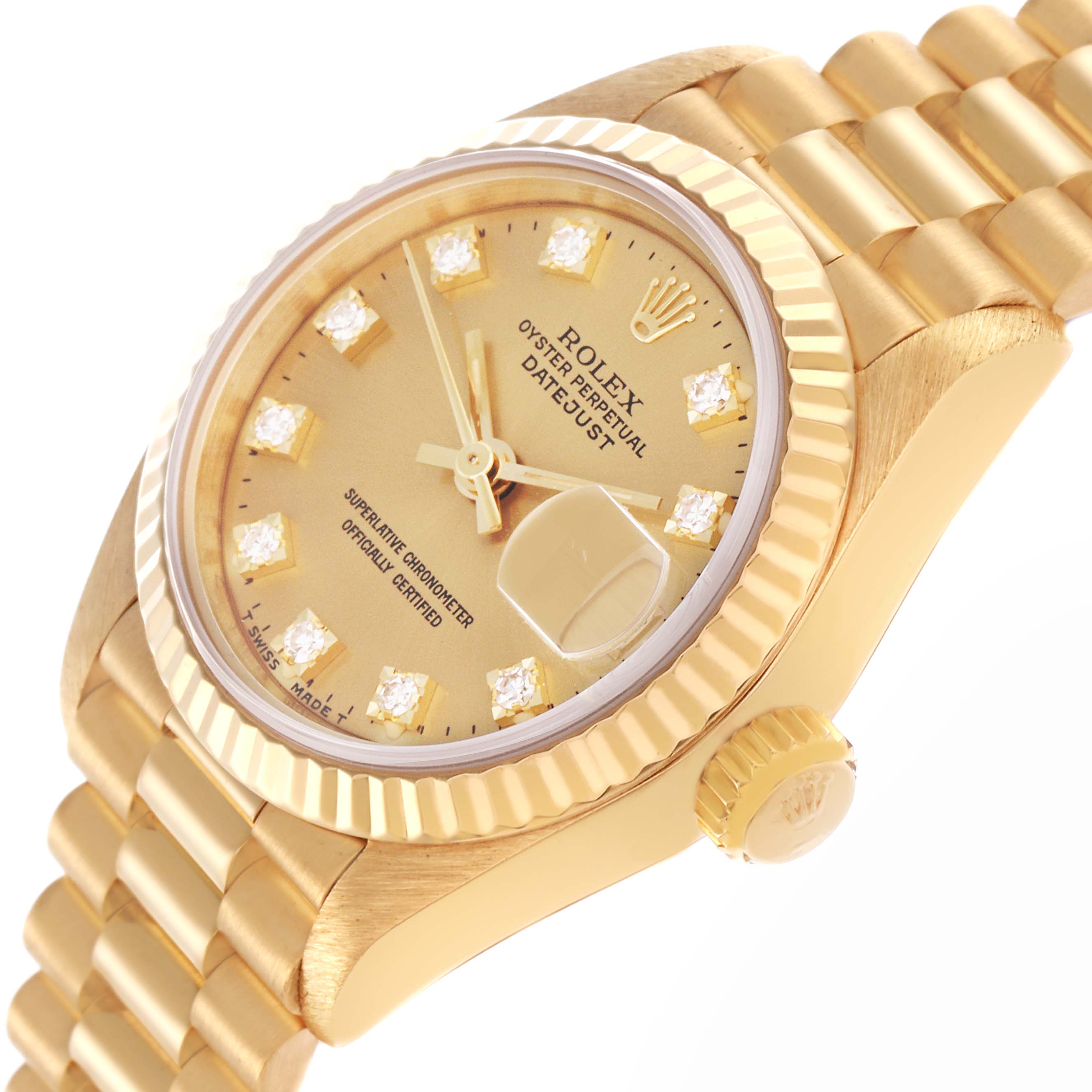 The Rolex President 69178 Women's Yellow Gold Champagne Dial 69178 Women's Yellow Gold Champagne Dial model watch is shown at a slight angle, highlighting its face, bezel, crown, and part of the bracelet.