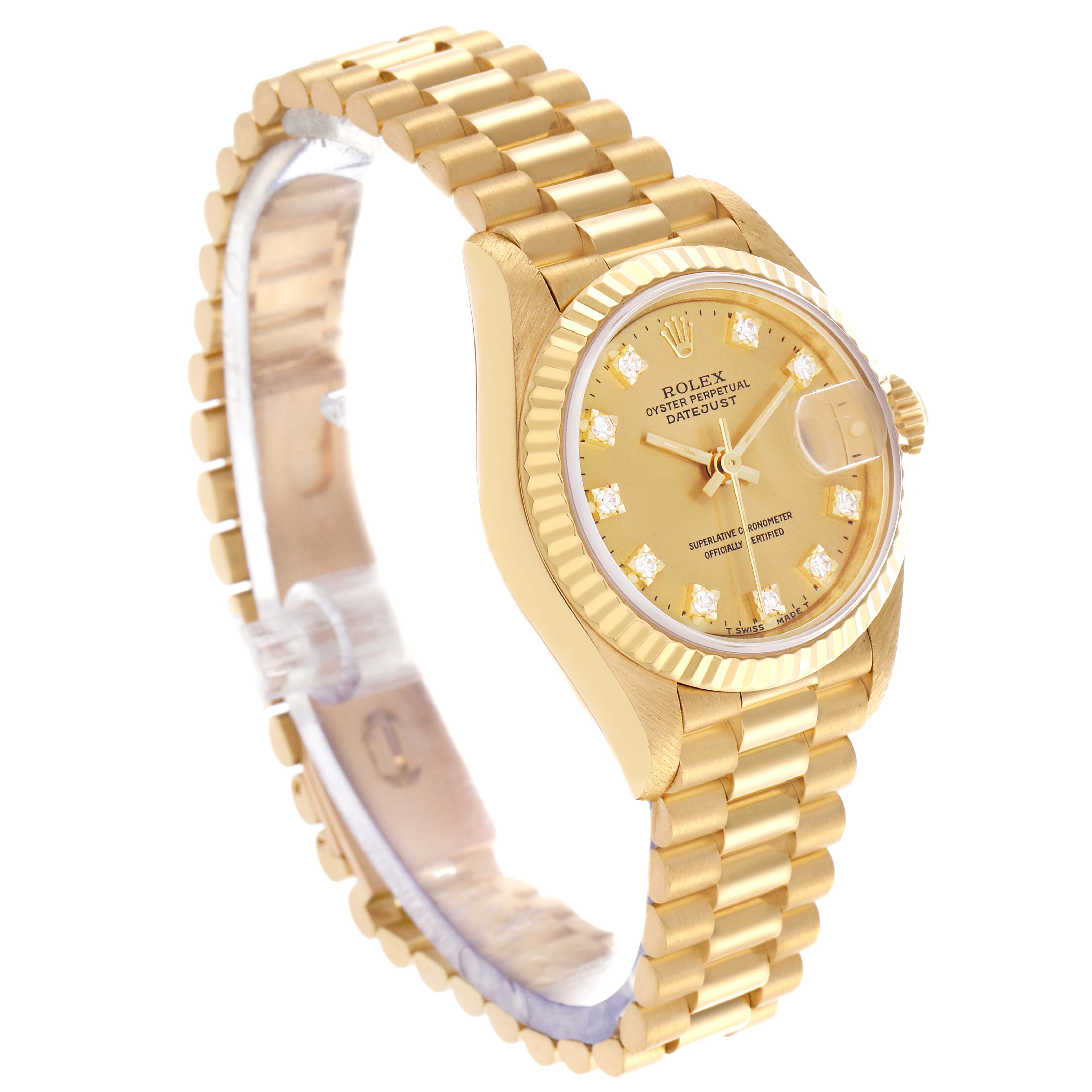 The Rolex President 69178 Women's Yellow Gold Champagne Dial 69178 Women's Yellow Gold Champagne Dial model watch is shown at a slight angle, highlighting the gold case, fluted bezel, bracelet, and dial with diamond hour markers.