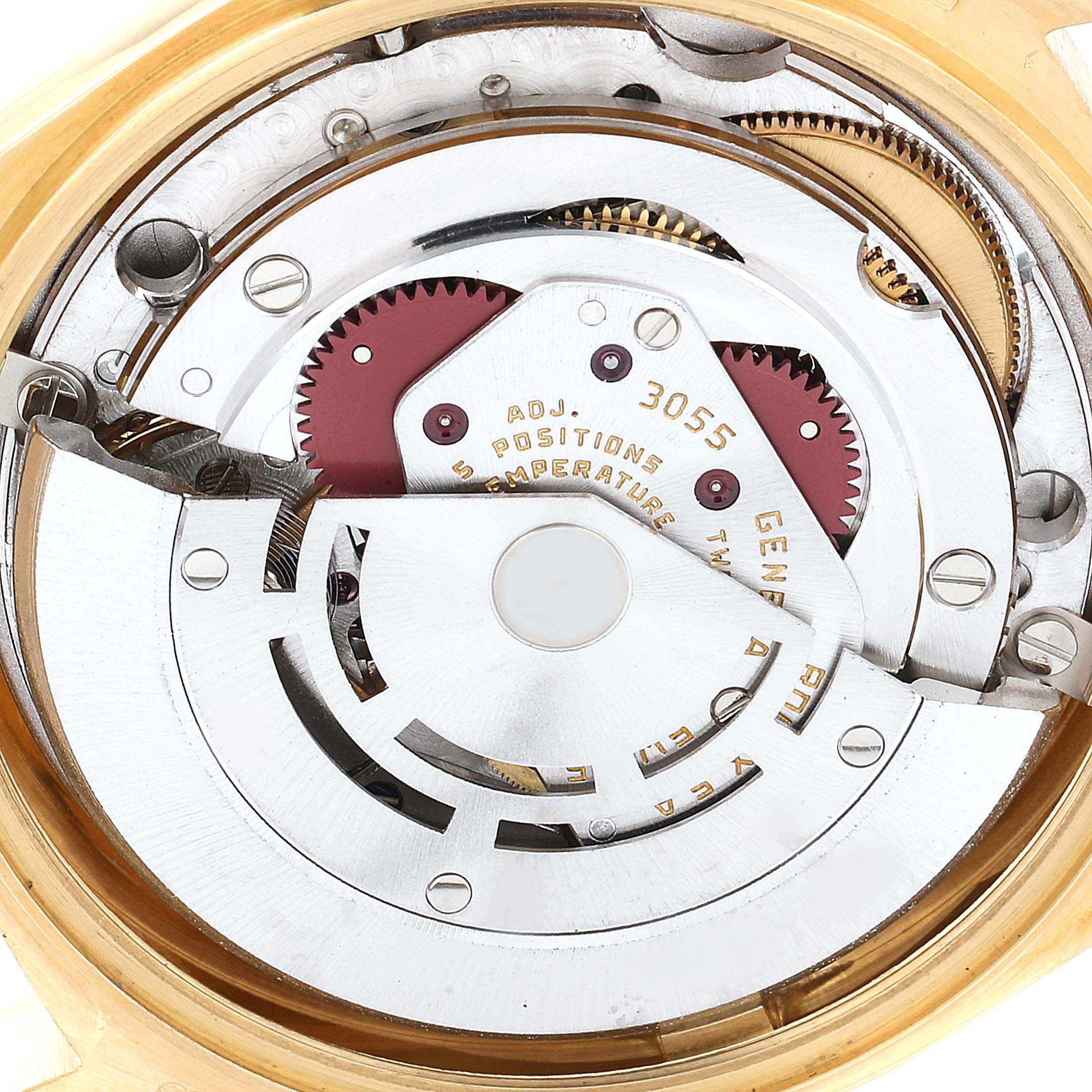 The image shows the internal mechanism, specifically the movement, of a Rolex President 18038 Men
s Yellow Gold Champagne Dial 18038 Men
s Yellow Gold Champagne Dial model watch.
