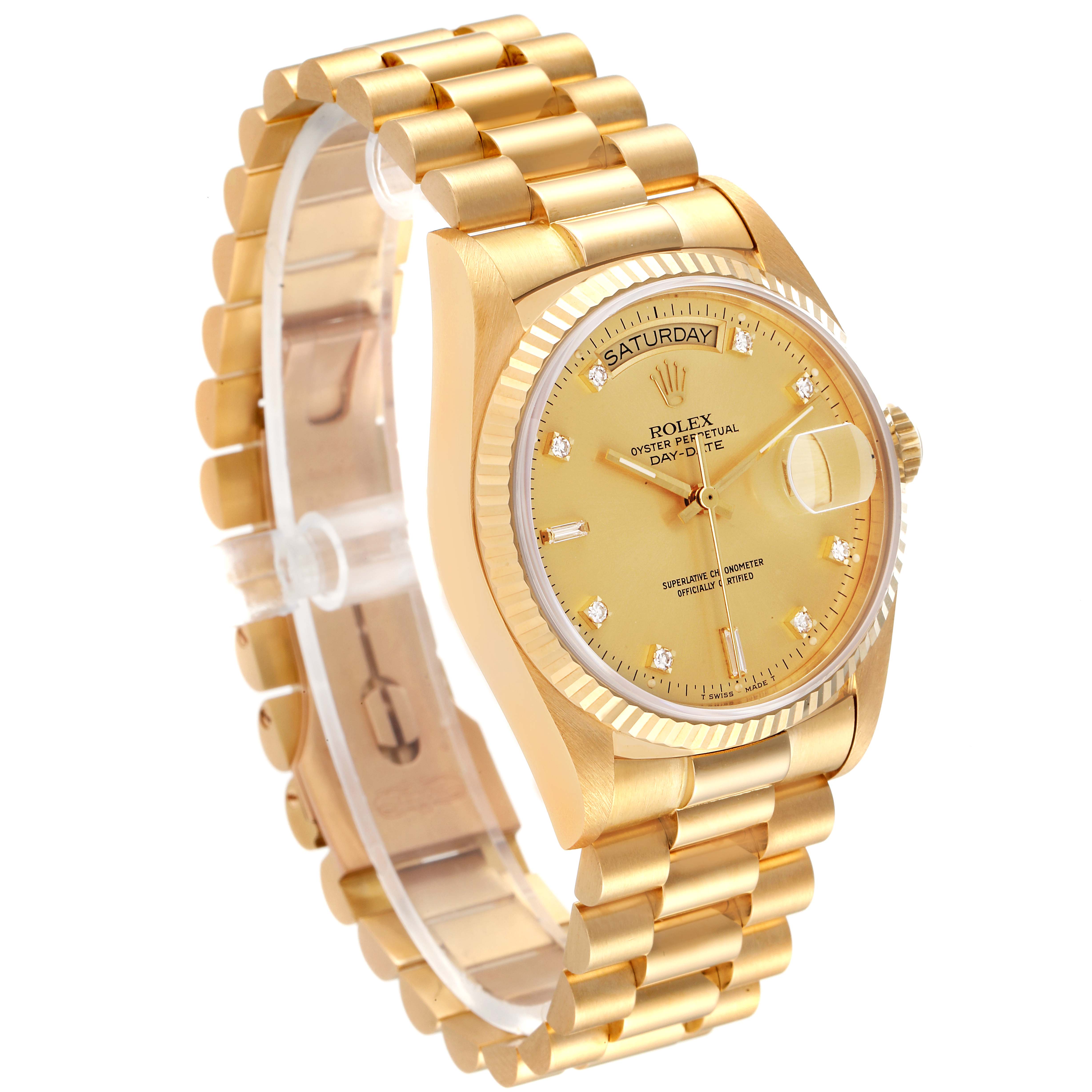 The Rolex President 18038 Men
s Yellow Gold Champagne Dial 18038 Men
s Yellow Gold Champagne Dial model watch is shown at a slight angle, displaying the round dial, gold band, and fluted bezel.