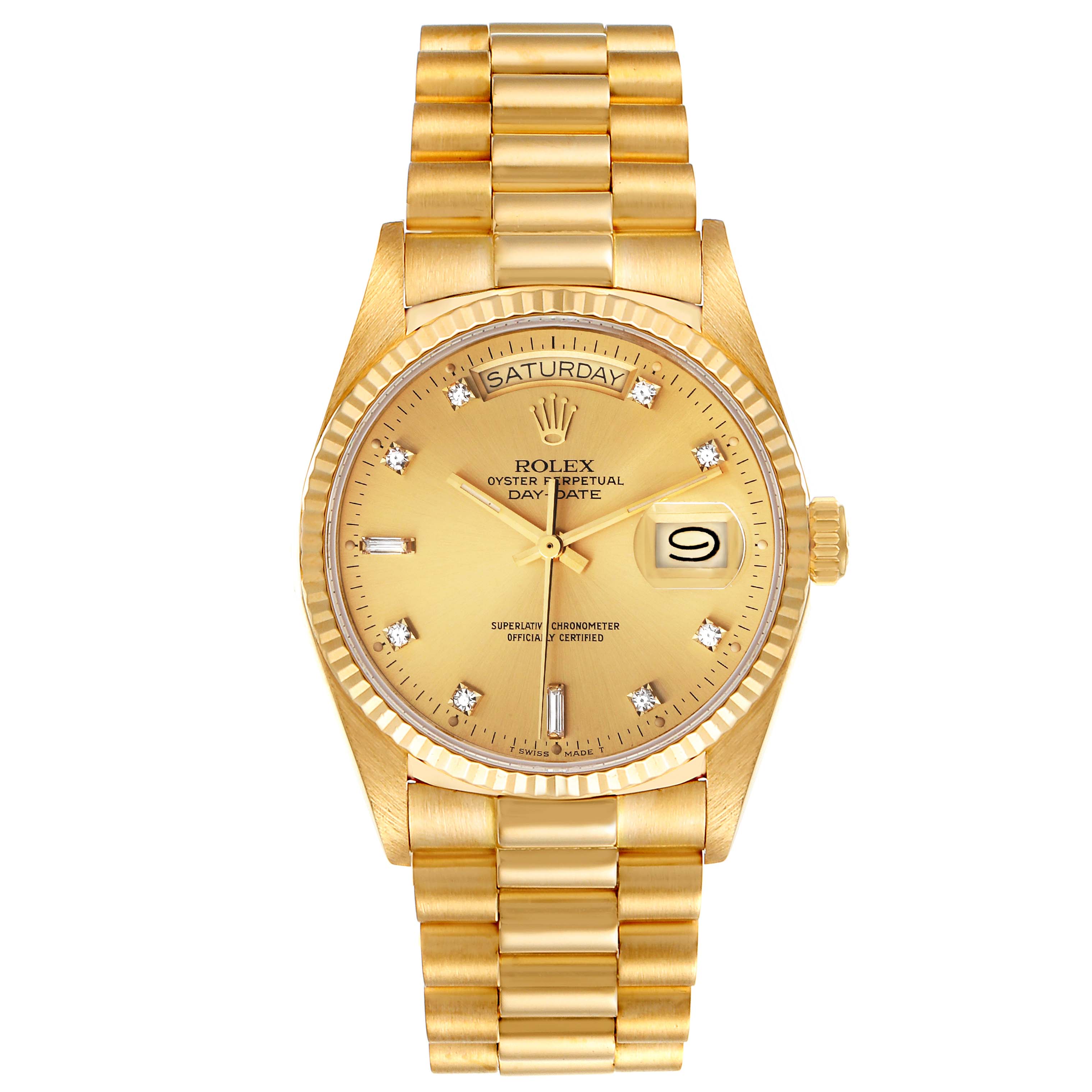 This image shows a front view of a Rolex President 18038 Men
s Yellow Gold Champagne Dial 18038 Men
s Yellow Gold Champagne Dial model watch, clearly displaying the dial, bracelet, and day-date features.