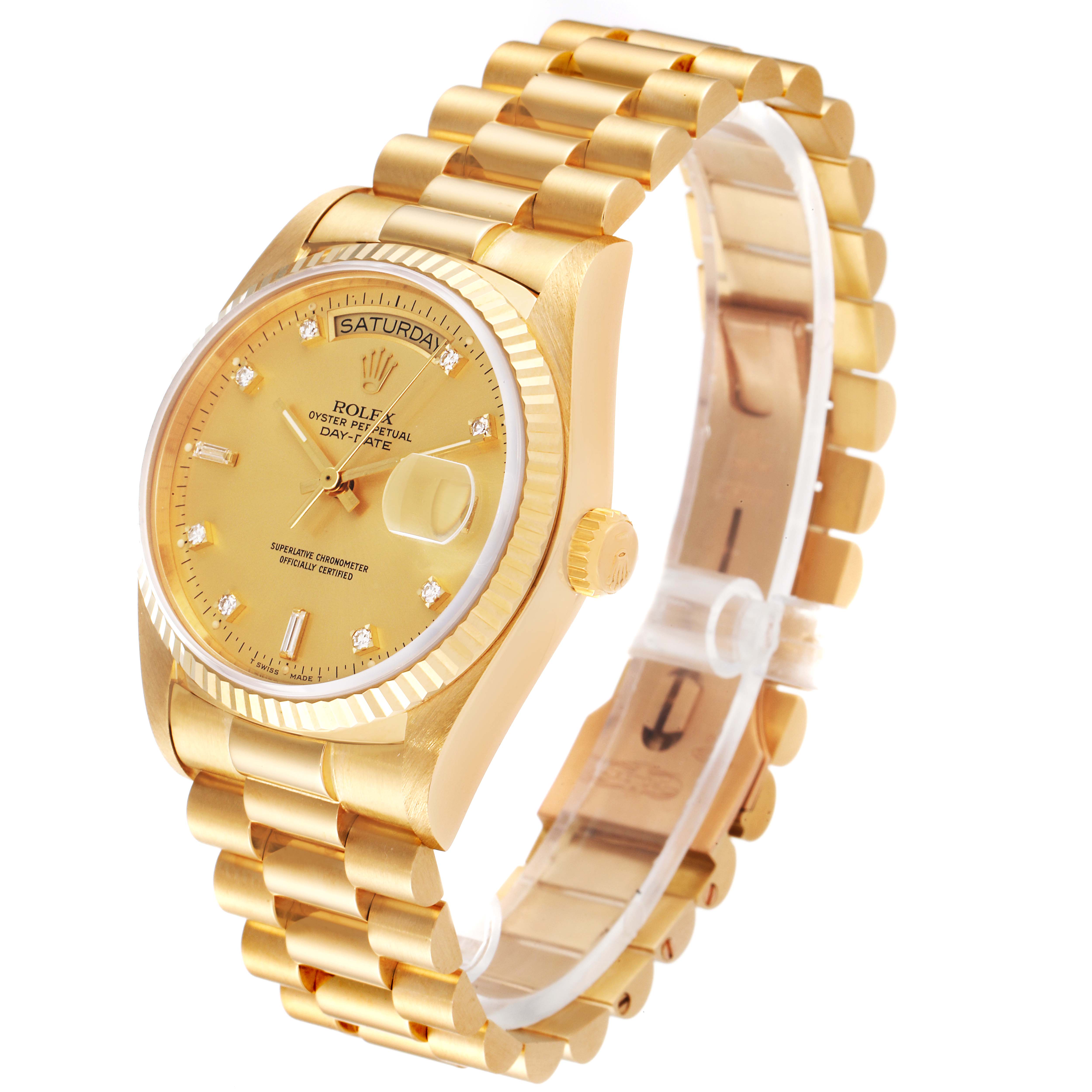 The image shows a side-angle view of the Rolex President 18038 Men
s Yellow Gold Champagne Dial 18038 Men
s Yellow Gold Champagne Dial model watch, highlighting the gold bracelet, case, and dial.